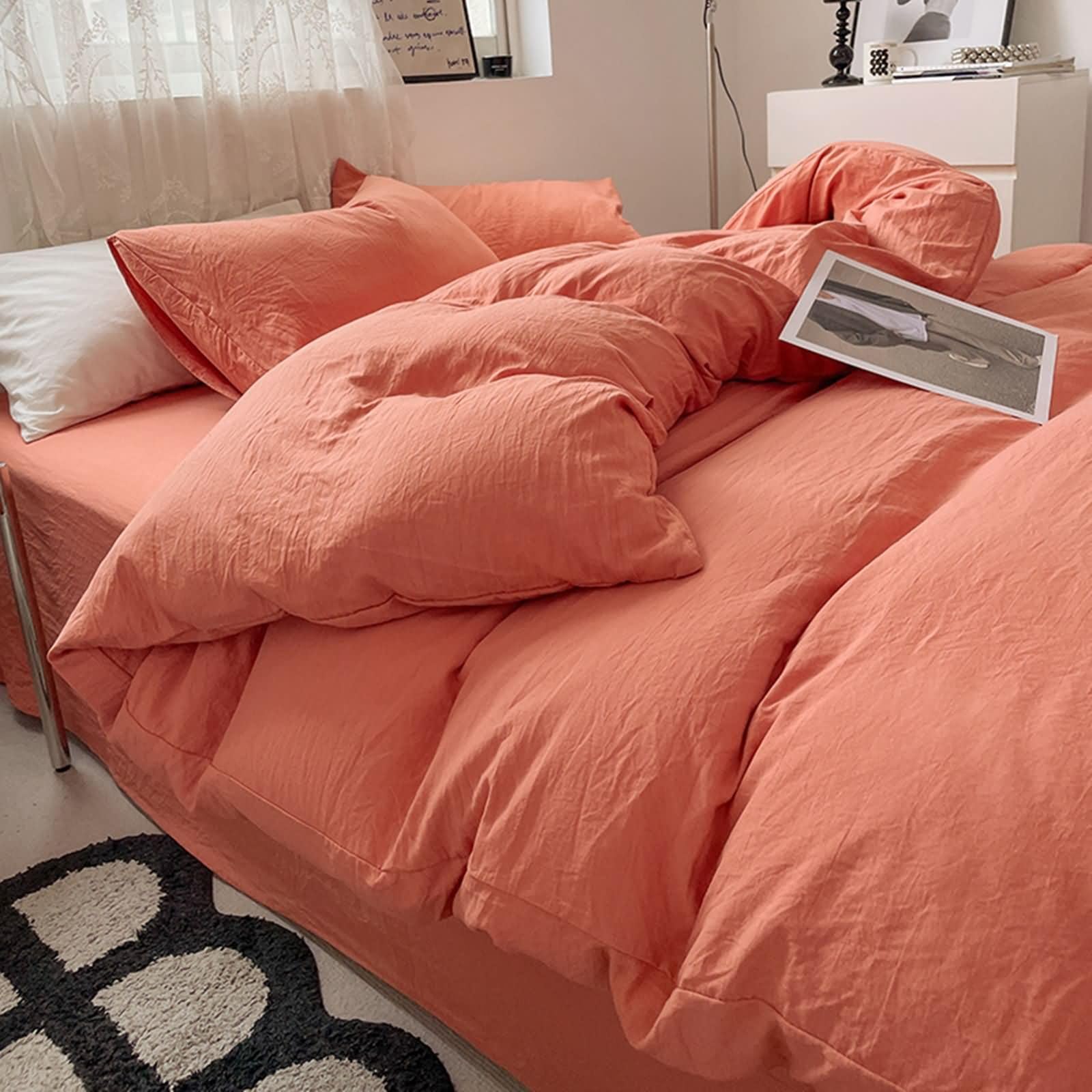 Pełnowymiarowy zestaw pościeli z gumką, zestaw pościeli z poliestru, jednolity kolor, prześcieradło z gumką, poszwa na kołdrę (200 cm x 231 cm) i poszewki na poduszki, pomarańczowy