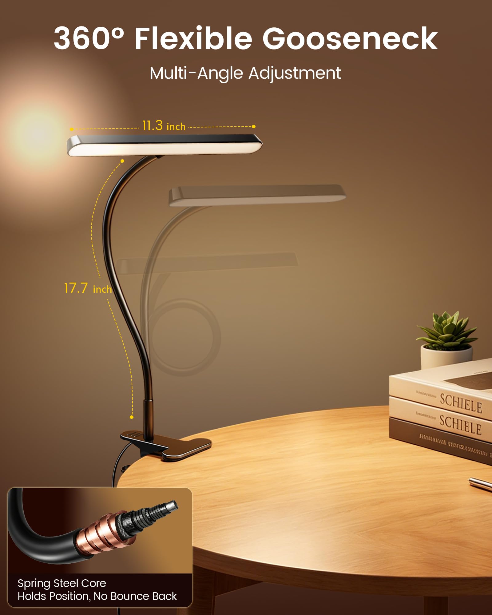 Glocusent 7W Horizontal Leselampe Bett, 57 LED Klemmlampe mit 3 Farben & 5 Helligkeiten, 7cm Clip Bettlampe mit Amber Modus, 30/60-Min Timer, Augenschutz ideal für Studieren Arbeiten Lesen mit Adapter