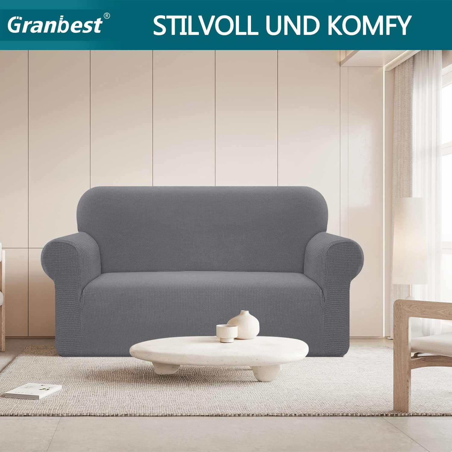 Granbest Copridivano elasticizzato, impermeabile, 1 pezzo, in spandex, jacquard, con gommapiuma antiscivolo (2 posti, grigio chiaro)