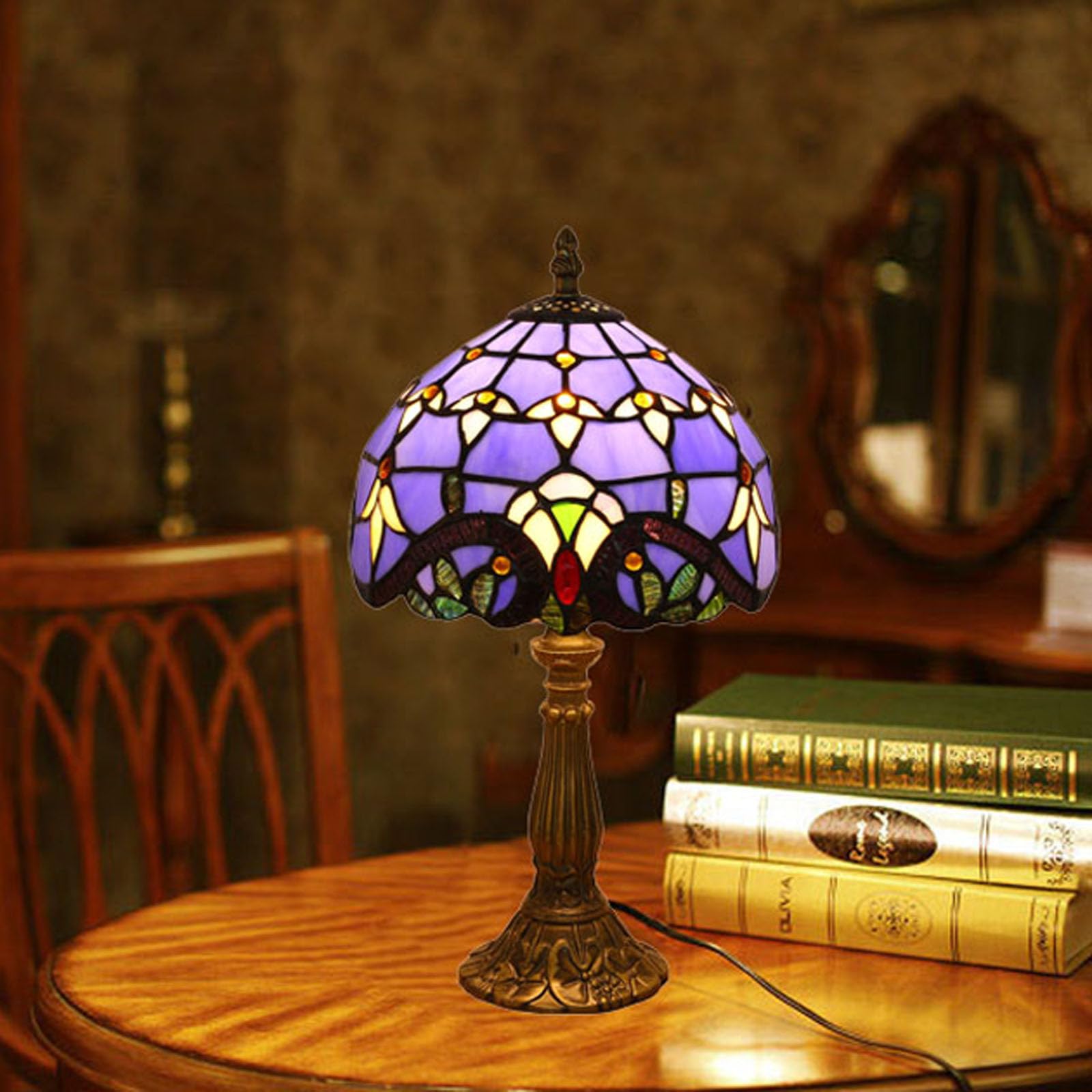 Tiffany Tischlampe, Kleine Retro Lampe, Deko Tischleuchte Nachttischlampe, Handcraft Bunte Glas Lampenschirm, für Schlafzimmer Wohnzimmer Büro