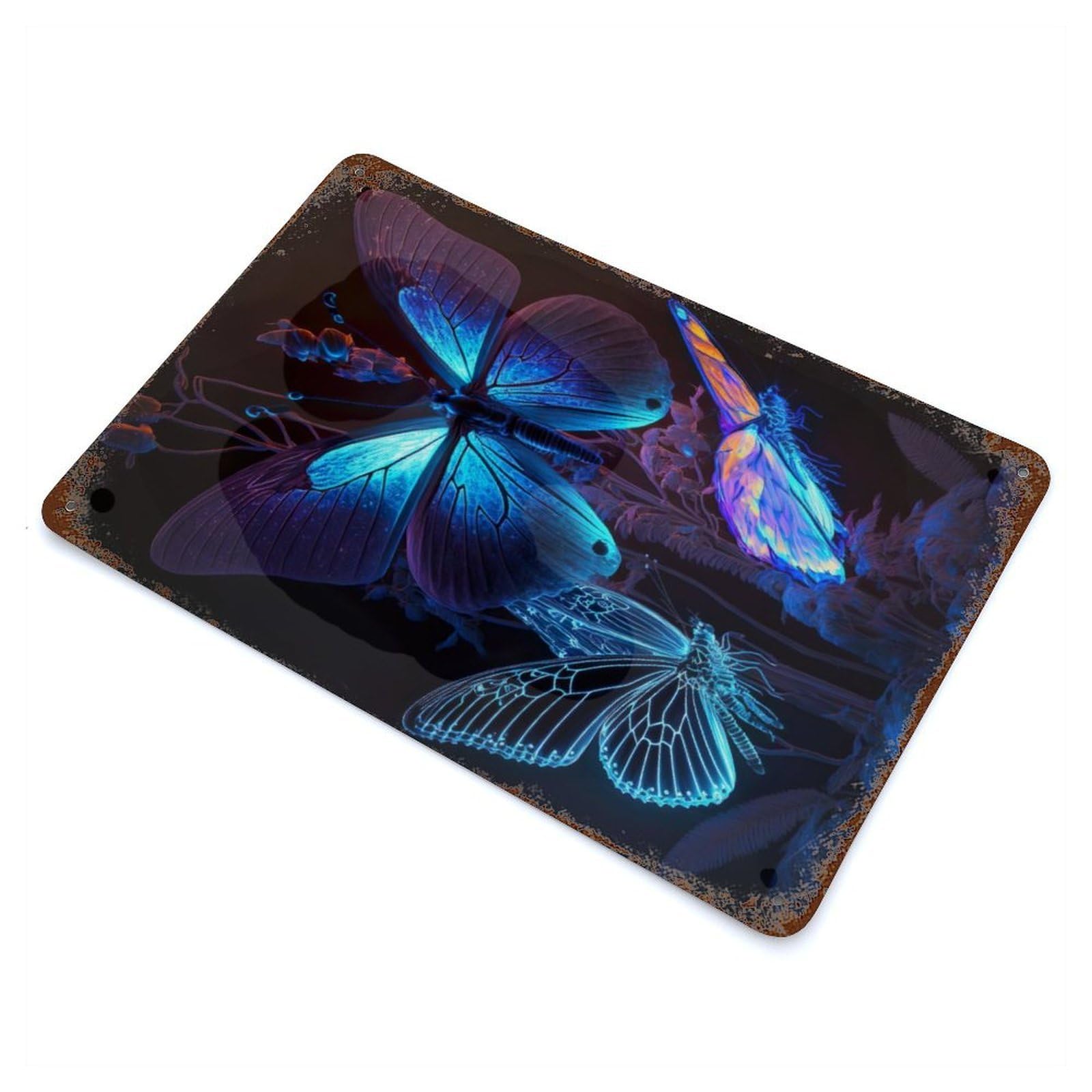 Bioluminescent Butterflies Rusty Metal Tin Sign 11.8"x7.9", Ideal for Patio, Garden Room And Bar Decor