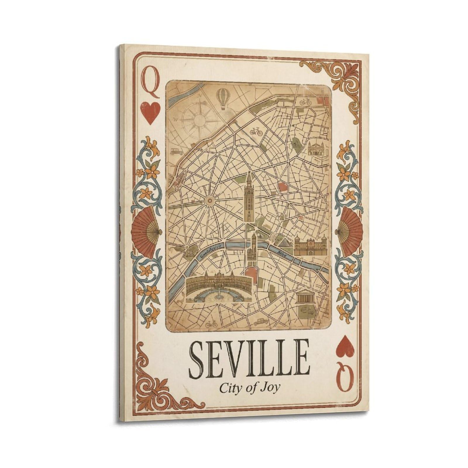 OKNGB Vintage City Map Poster Seville Andalusia Spain Playing Card Style Decorative Painting Canvas Art Picture 20x30inch(50x75cm)