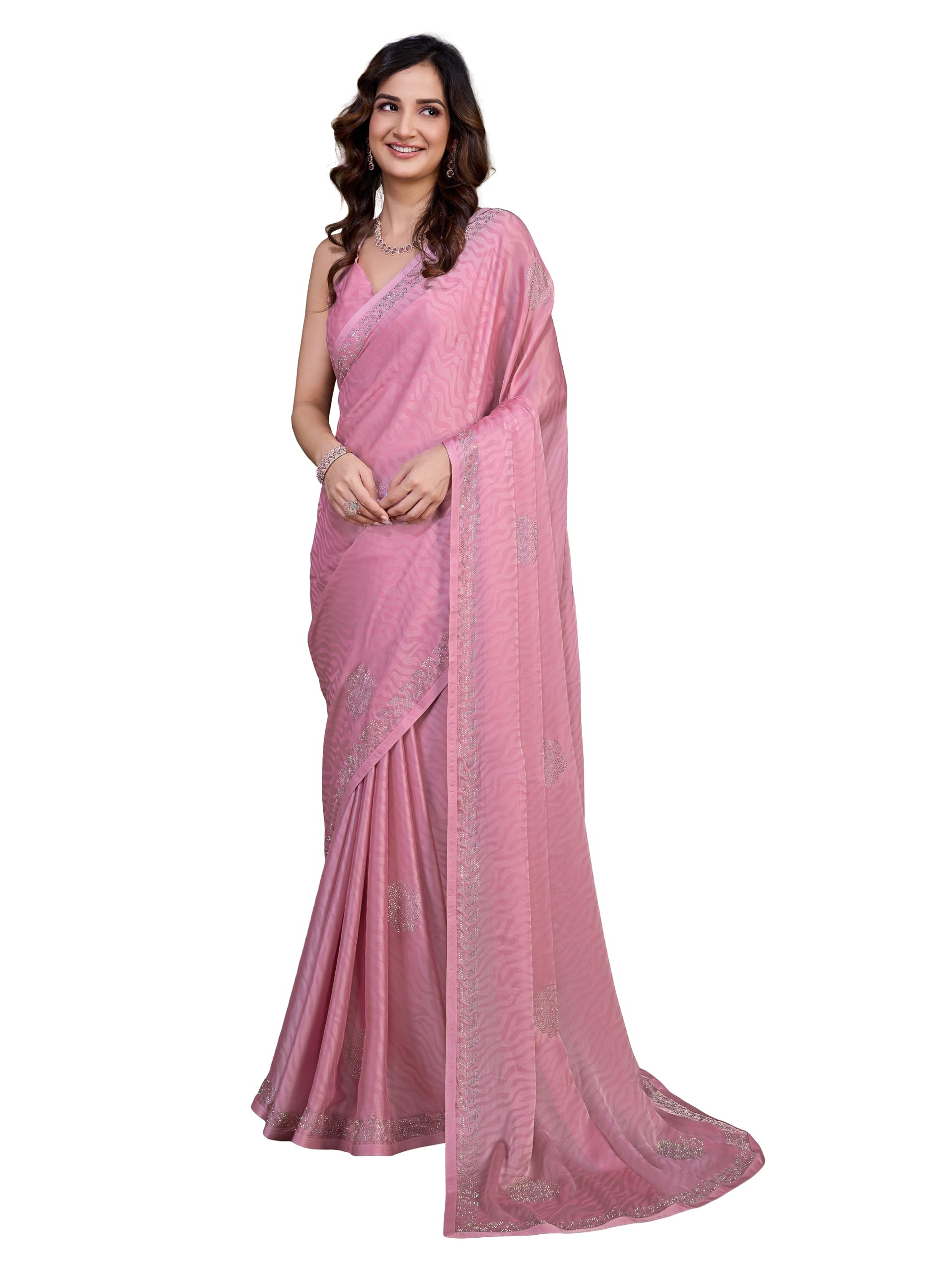 TRENDMALLS Damen Chiffon Siroski Arbeit Saree mit Unstitch Bluse Stück