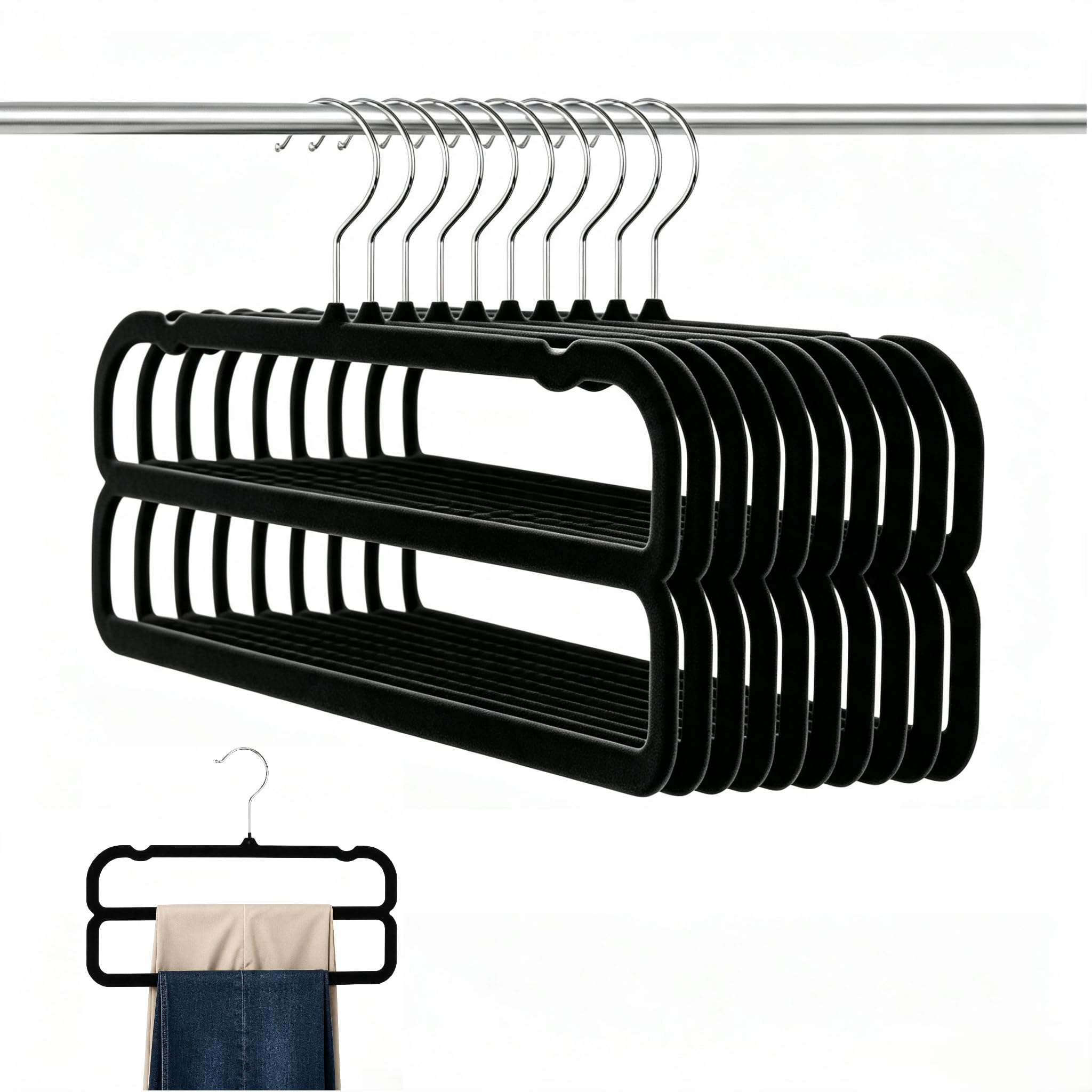 Velvet Hangers Trouser Double - 10 Pack Black Velvet Pants Hangers with Double Non Slip Bar & 360° Swivel Hook, 35cm Flocking Cloth Pants Hanger Trouser Hangers Space Saving for Shorts Jeans