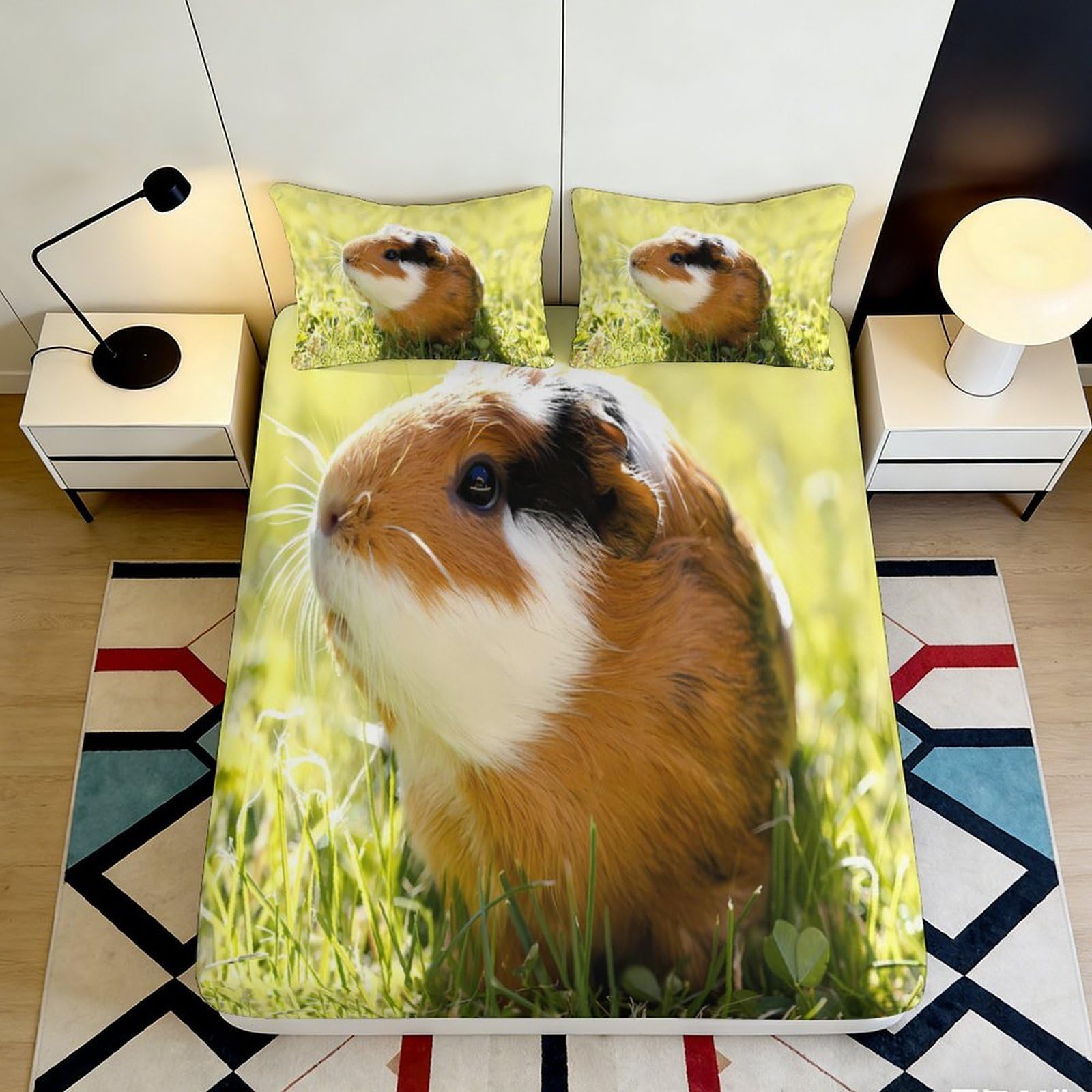 3D Printed Guinea Pig Meadow Fitted Sheet Microfiber Soft Anti-Slip Cute Animal Mattress Cover for Bedroom Guestroom 90x200x25cm