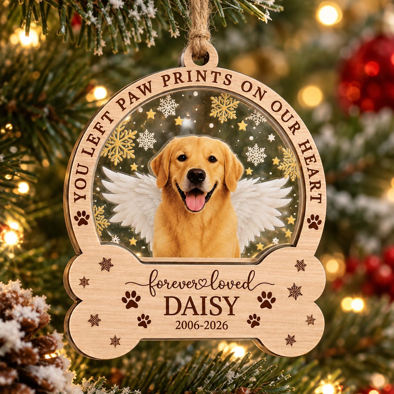Personalized Pet Memorial Wooden Ornament – Custom Dog Angel Wings Christmas Keepsake with Name and Years – Pet Loss Sympathy Gift, Dog Remembrance Decoration, Unique Wooden Ornament for Pet Lovers