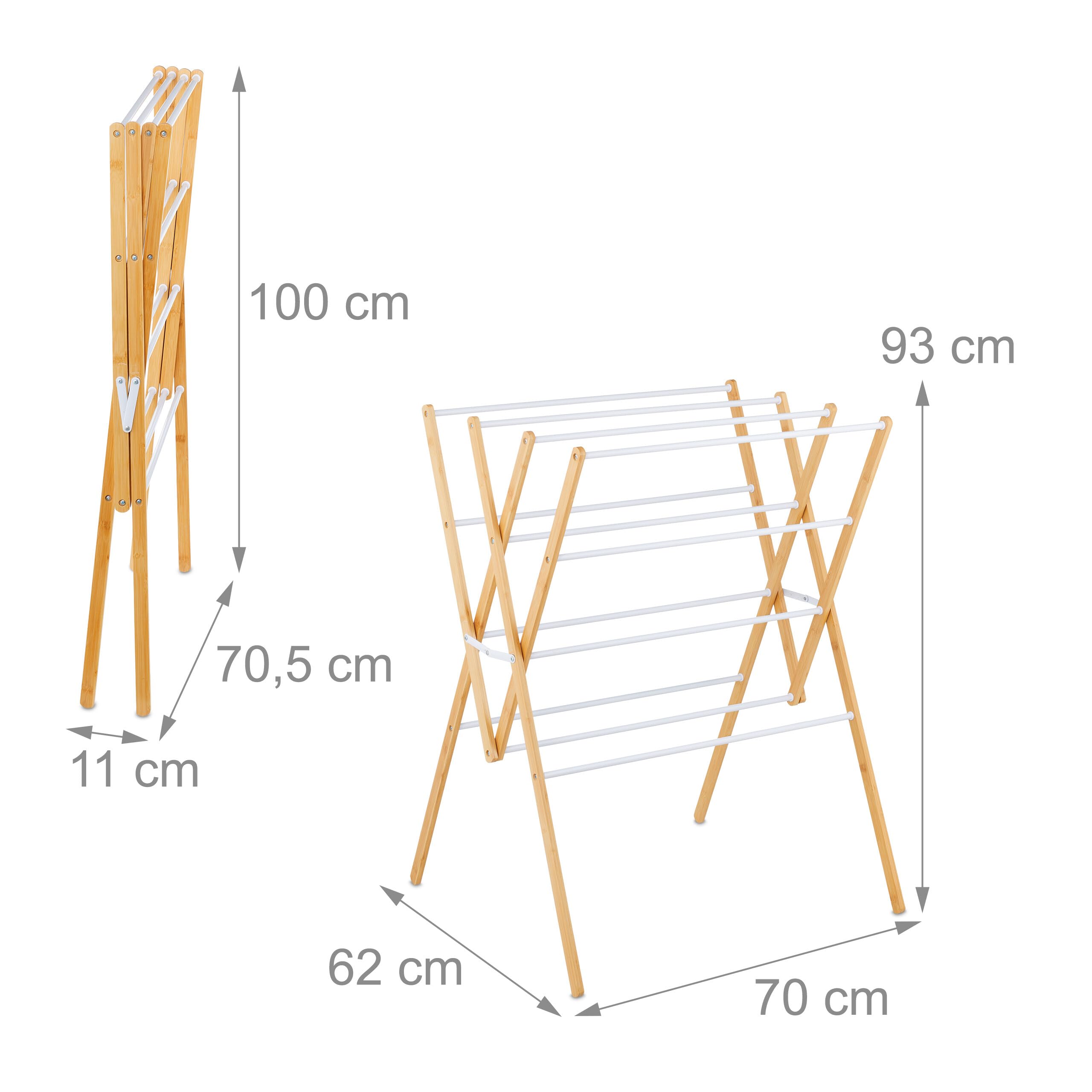 Relaxdays Stendibiancheria Pieghevole, Stendino Verticale a Torre, 12 Aste, HLP: 93 x 70 x 62 cm, bambù e Ferro, Bianco