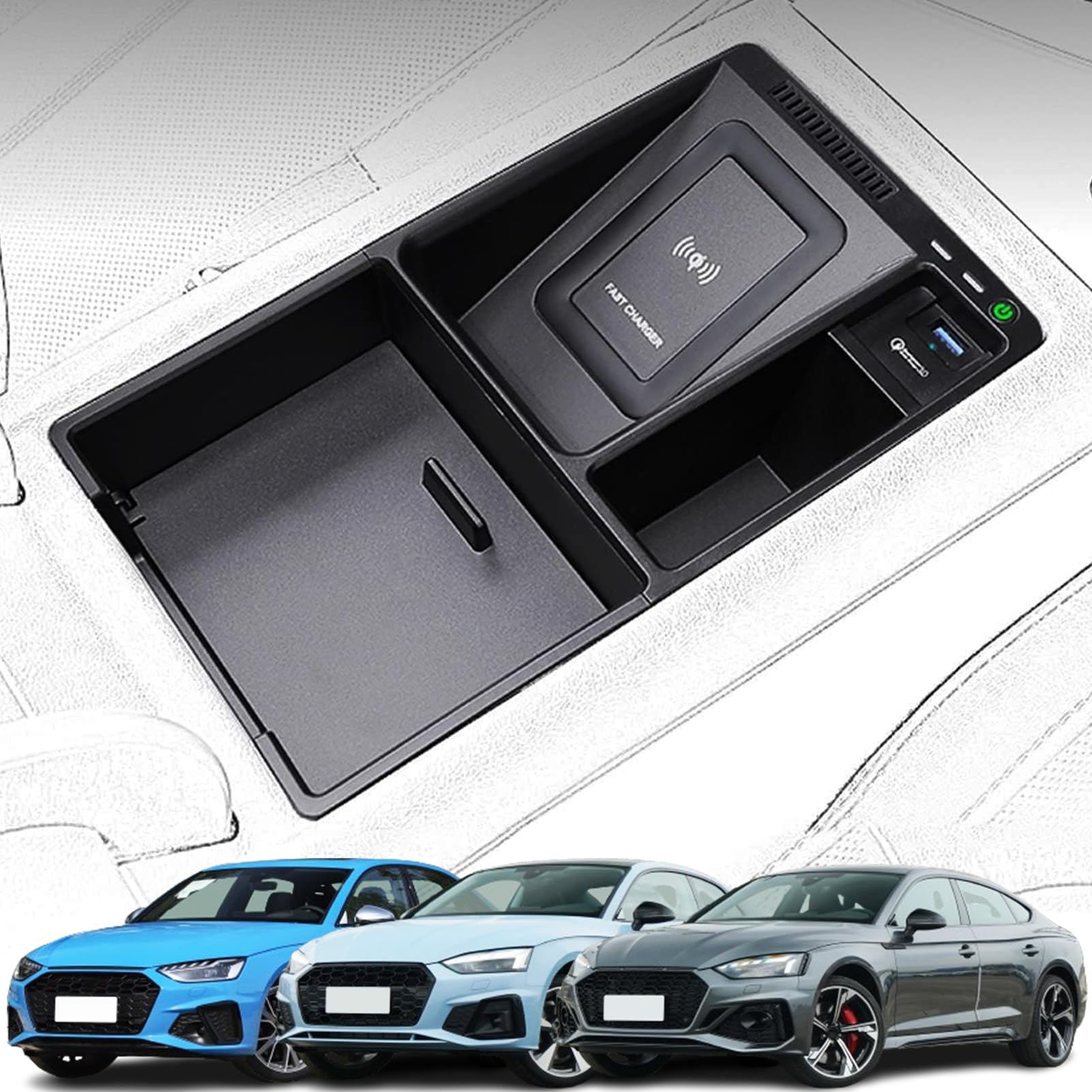 Gqqsxzntd Black 2024 New Version Car Wireless Charger For Audi A4/S4/S5/Rs4/A4l/A5/Rs5 2017-2024 All Models, 15W Fast Charging Phone Charger Tray With 27W Usb Port Qi Phone Wireless Charger,