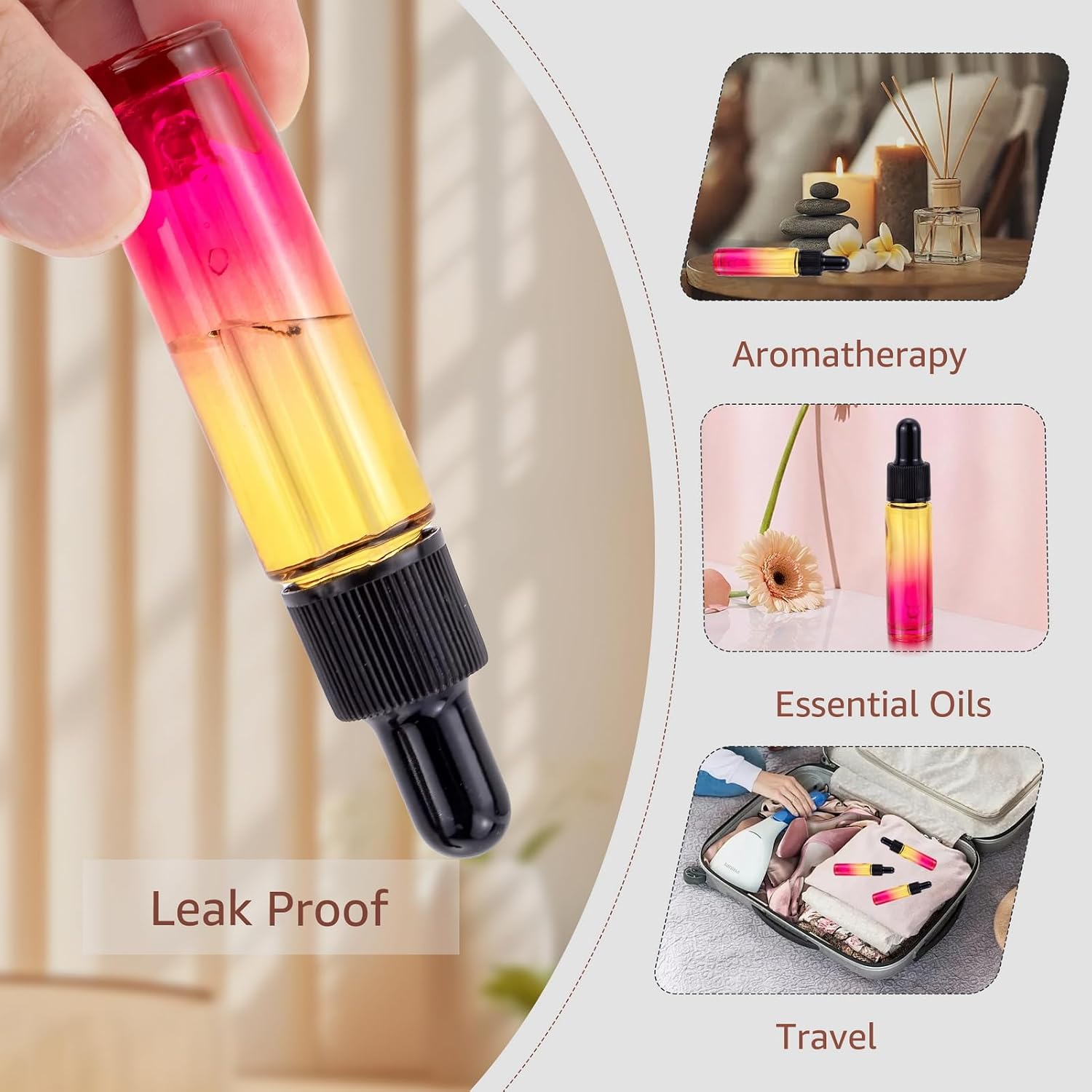 10Pcs 10ml Glass Eye Dropper Bottles, 1/3oz Travel Refillable Perfume Vials for Essential Oils &Tincture, Leak Proof Multi-Color Gradient, Portable DIY Containers with 5ml Plastic Pipettes