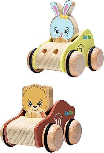 Bimi Boo Juego de autos para niños pequeños, autos de madera de dos piezas con personajes gruesos jugables - Coches de carreras para niños y niñas