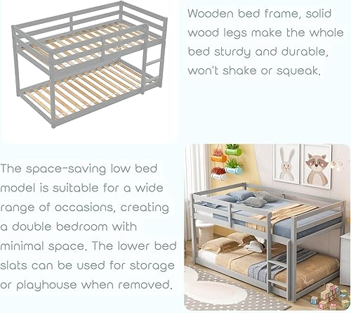 Miniatura 5 de Harper & Bright Designs Literas bajas de madera individual sobre individual, marco de litera con escalera de barandilla de seguridad para dormitorio