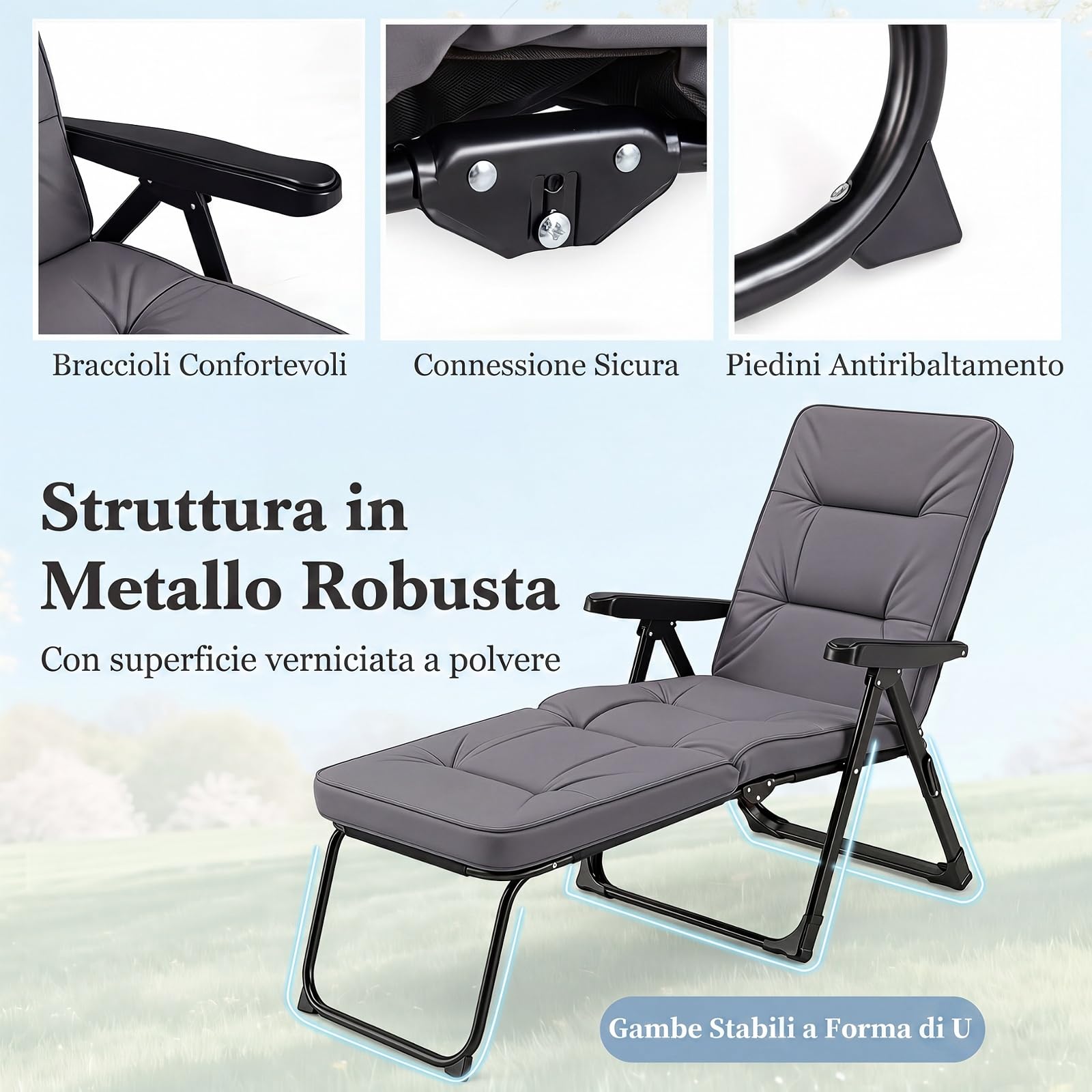 COSTWAY Sedia a Sdraio Pieghevole, Lettino Prendisole da Esterno con Schienale e Poggiapiedi Regolabili, Poltrona Relax in Metallo con Cuscino Morbido per Giardino e Terrazzo, Portata 150 kg (Grigio)