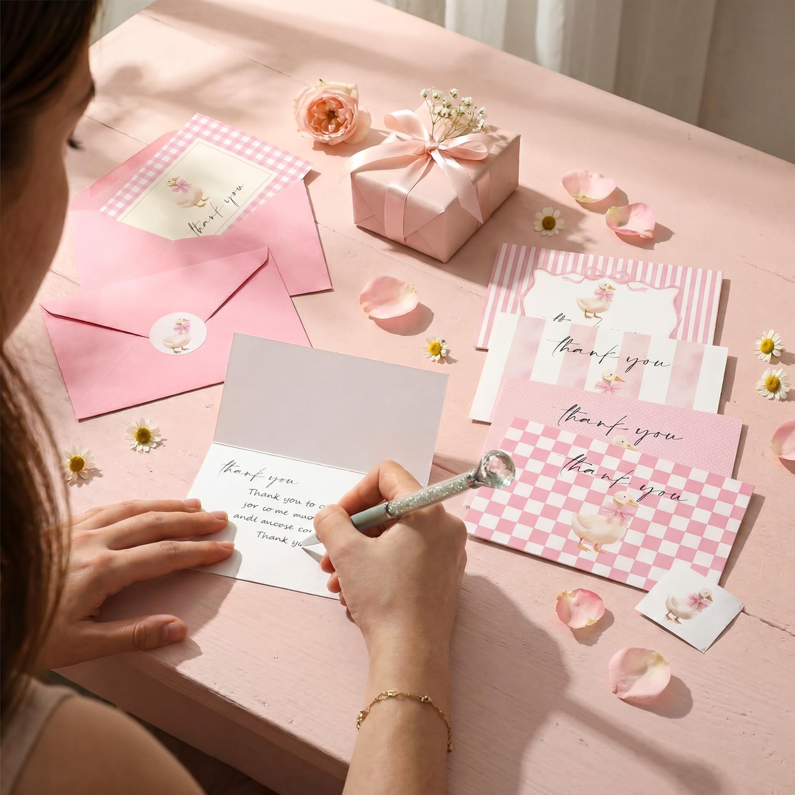 Sabary Pink Goose Lot de 50 cartes de remerciement avec enveloppes et autocollants Motif nœud élégant en vrac 10,2 x 15,2 cm Carte de vœux vierges pour fête prénuptiale, mariage, fête d'anniversaire