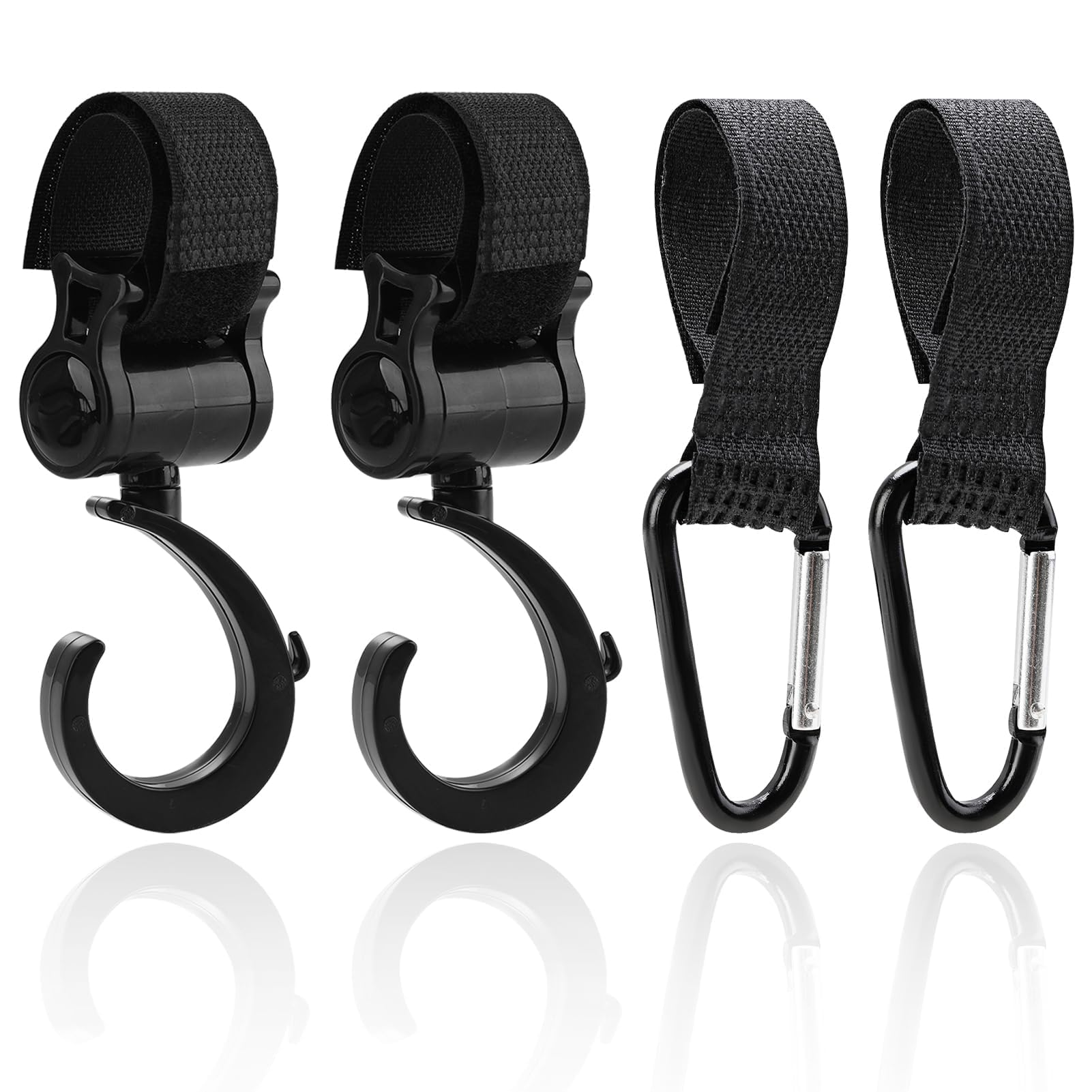 4 Pezzi Ganci Passeggino, Ganci per Passeggino Universale Leggero Rotanti Appendi, Multiuso Gancio Clip con Chiusura Regolabile, Ganci Appendere per La Spesa Borse Pannolini Borsette (Nero)