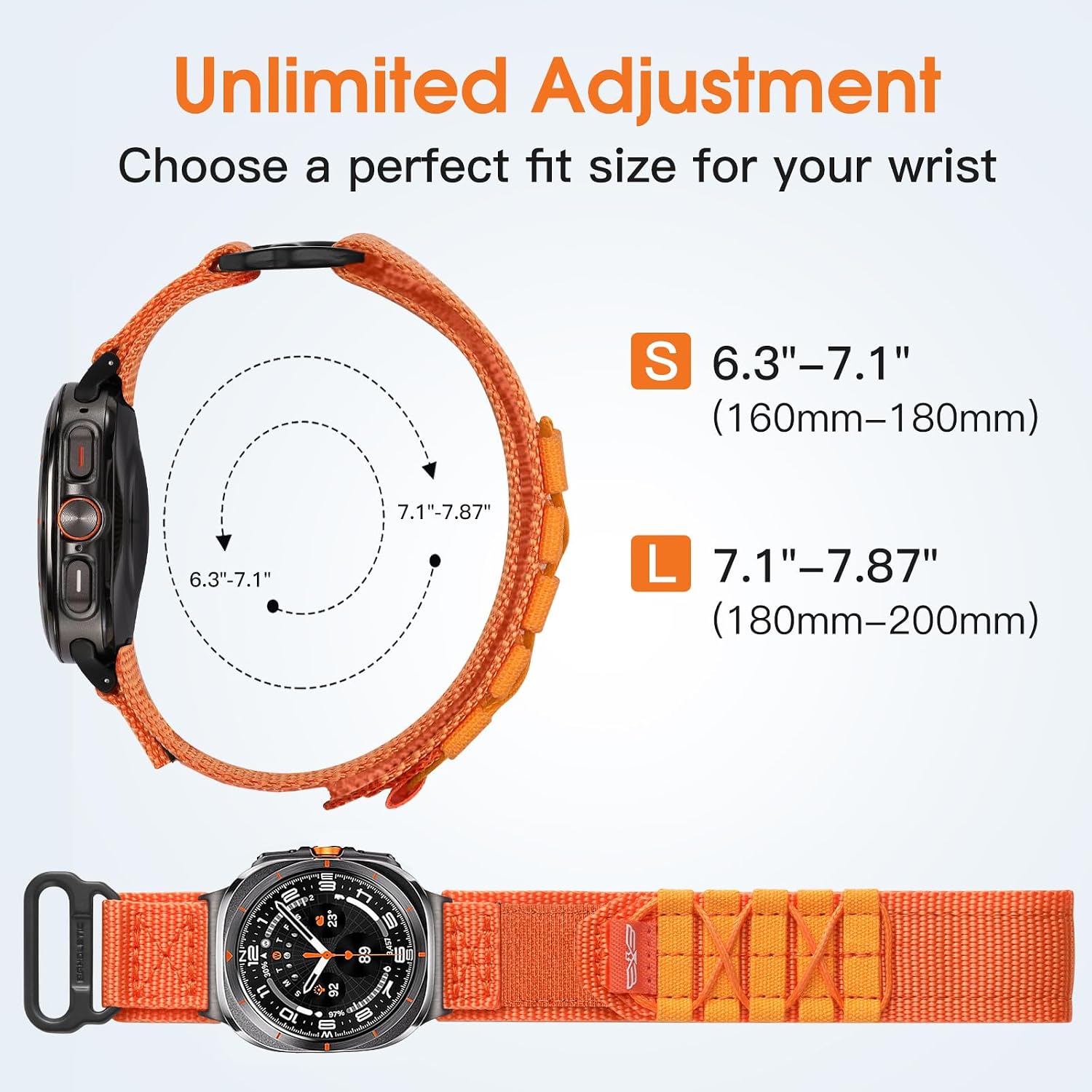 Bandletic Compatible with Samsung Galaxy Watch Ultra Band 47mm for Men and Women, Rugged Wide Military Tactical Nylon Sport Loop Replacement Strap with Stainless Steel Metal Buckle, Small, Orange