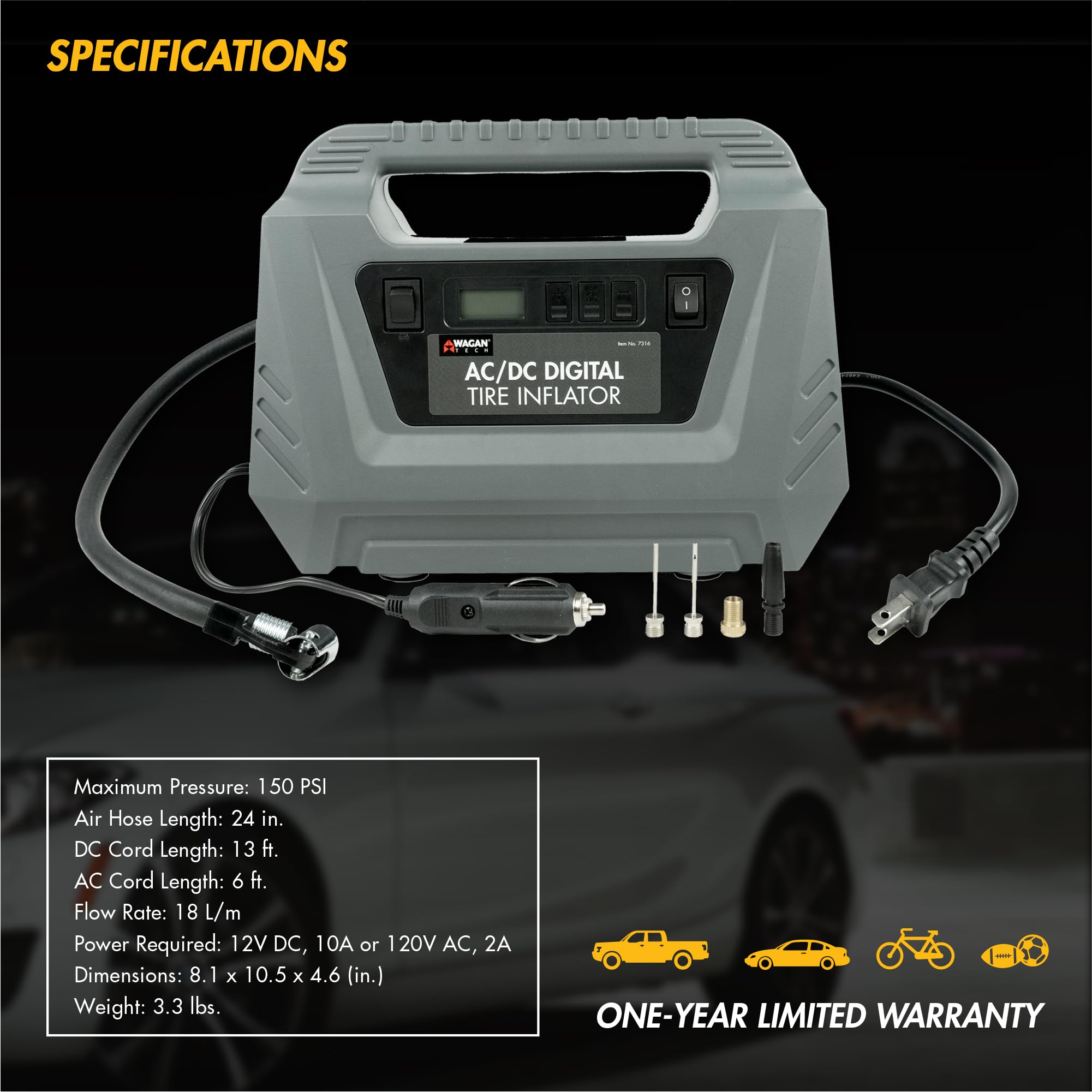 Wagan Digital Tire Inflator - AC/DC Dual Power -7 Wagan Digital Tire Inflator - AC/DC Dual Power -7