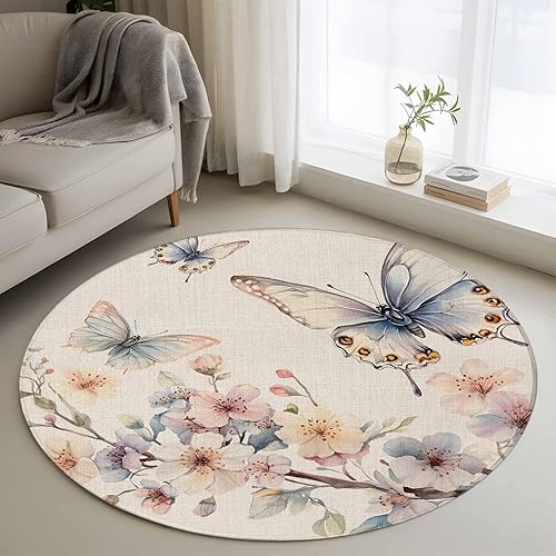 4ft Round Rug, Flowers Butterfly Non-Skid Rubber Backing Large Area Rugs - Living Room Bedroom Home Office, Watercolor Retro Botanical Flowers disponible en Yaxa Costa Rica