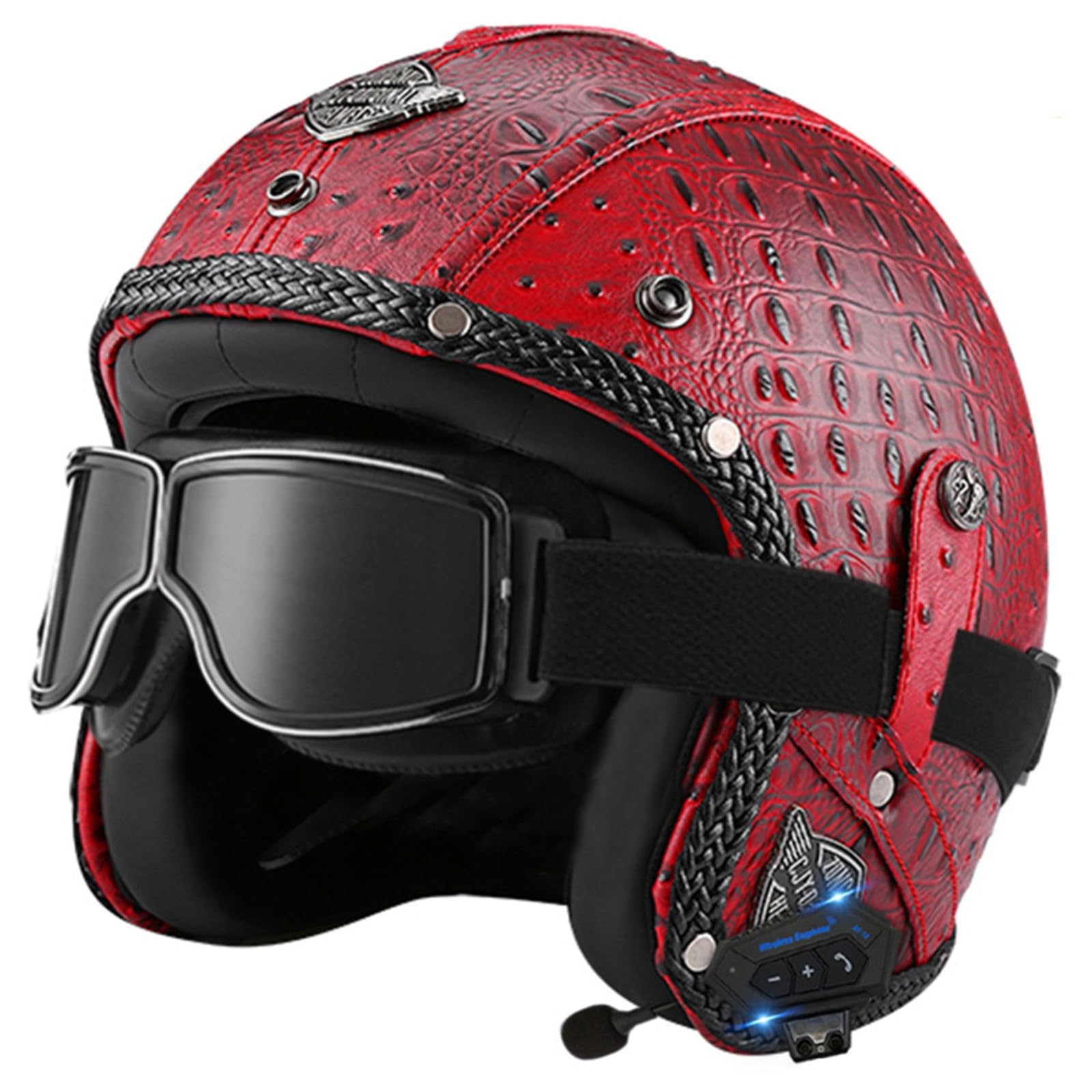 Motorbike Open Face Bluetooth Helmet Retro Jet Motorcycle Leather Helmet Adult Half Helmet with Fashion Goggles ECE Approved Men's and women's 3/4 helmets Moped Scooter