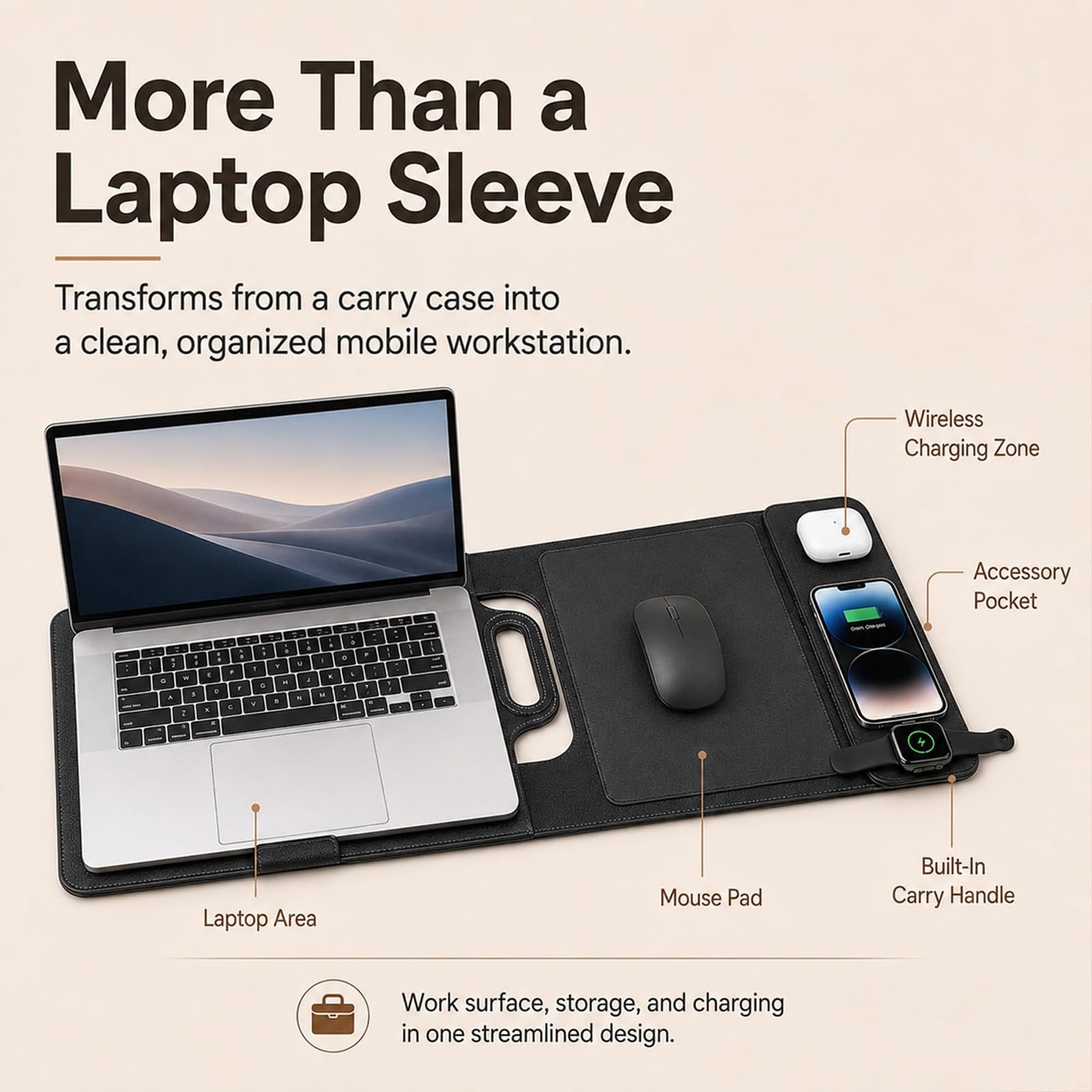 Bezprzewodowe ładowanie torba na laptopa, z ukrytą składaną | Wodoodporny pokrowiec ze skóry PU, obsługuje trzy gadżety jednocześnie, wyjmowana kieszeń na mysz, solidna podkładka