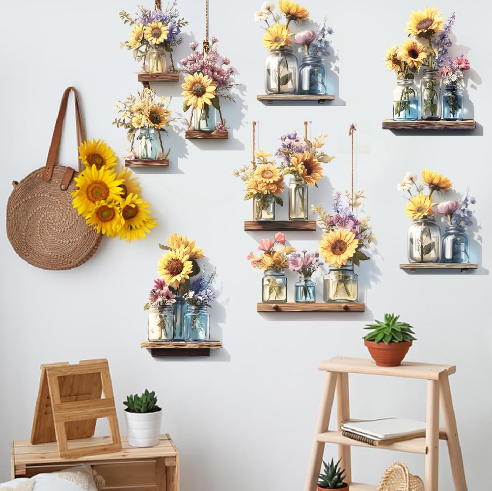 SUPERDANT 3D Sunflowers in Glass Bottles Wall Stickers Flower Pattern Wall Decals Walls Art Stickers DIY Vinyl Decor Natural Decals Art Decor for Living Room Office Library Classroom 96x30cm