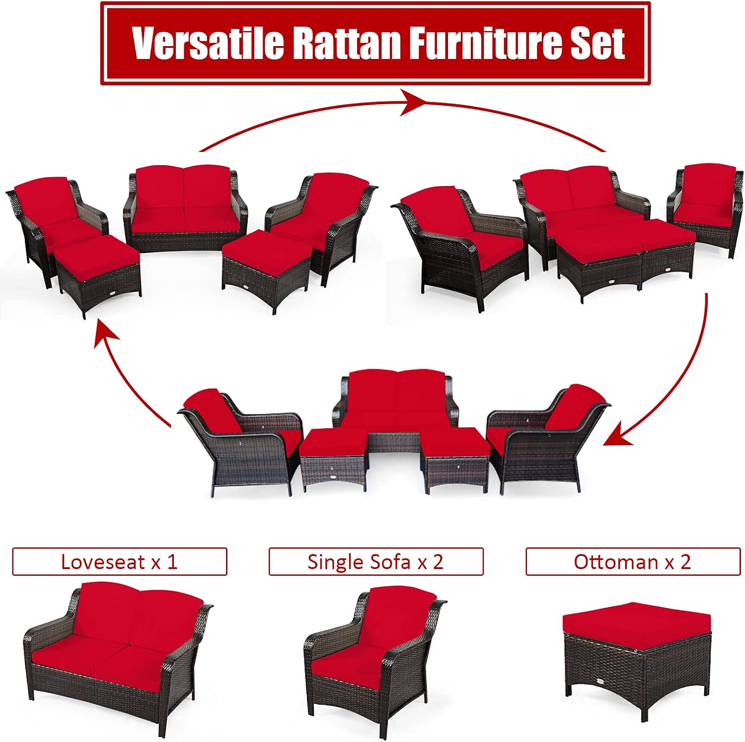 Tangkula 5 Pieces Patio Furniture Set, Outdoor Rattan Conversation Sofa Set with Loveseat, Single Sofas and Ottoman, Sectional Sofa Set with Removable Cushions for Porch, Backyard, Balcony, Lawn