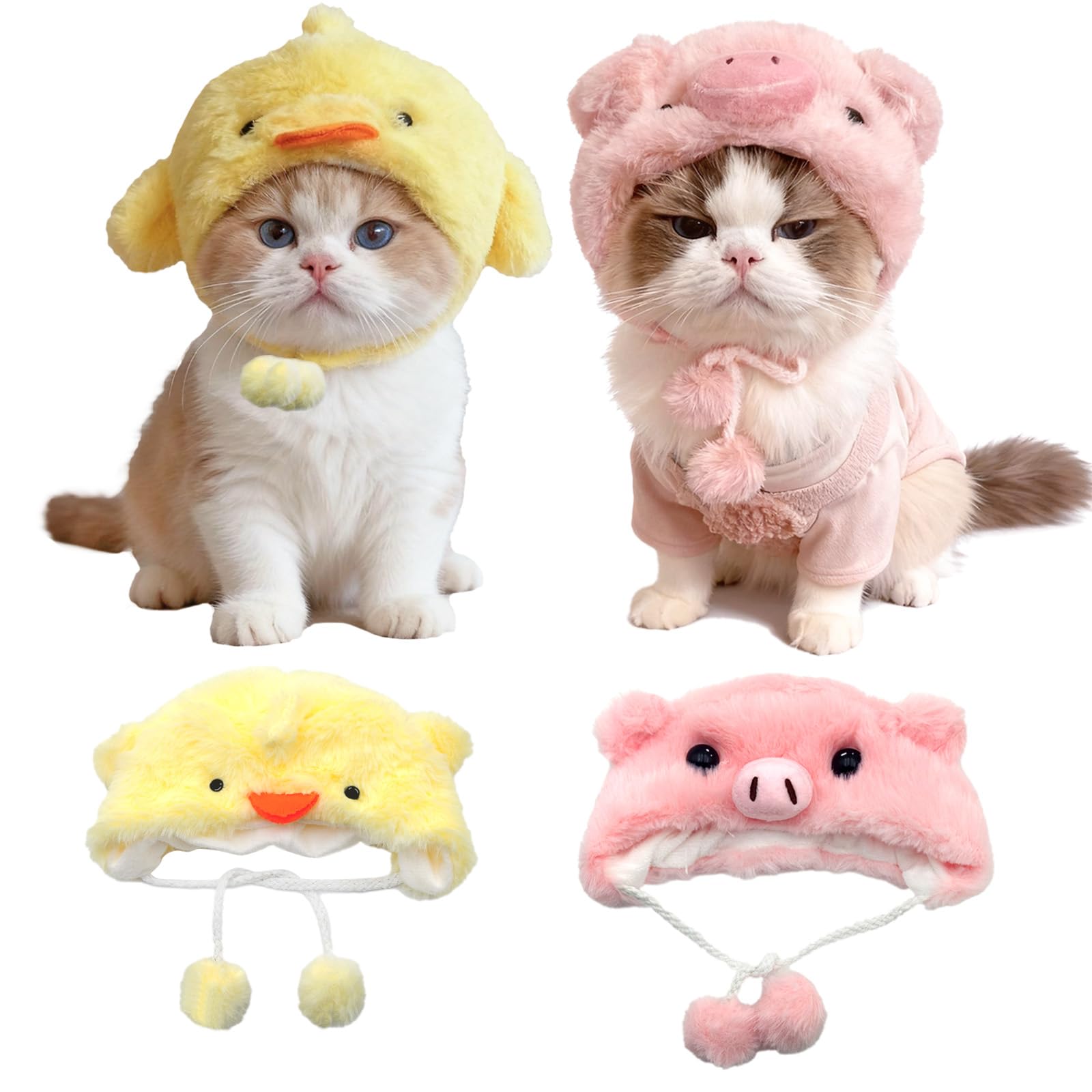 2 Pezzi Cappello Gatto, Morbido Peluche Cappelli per Gatti, Adorabile Cappello per Gatto, Modelli con Pulcini e Maialino Cappellino gatto, Cappellino per Gatti Copricapo Accessori