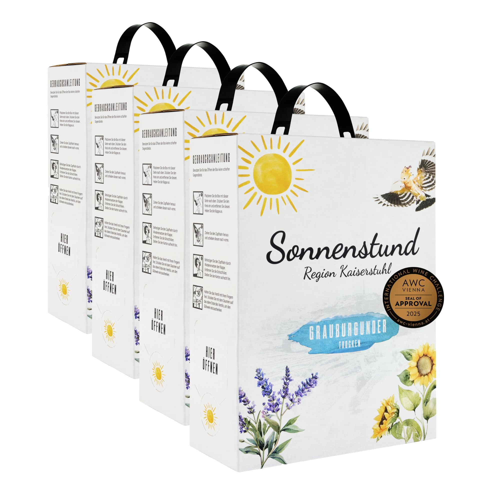 Sonnenstund Grauburgunder Weißwein-Paket - Bag-in-Box Grauburgunder trocken vom Kaiserstuhl - fruchtig-frisch & unkompliziert, ideal für Feiern, Gartenparty & Camping (4 x 3 l)