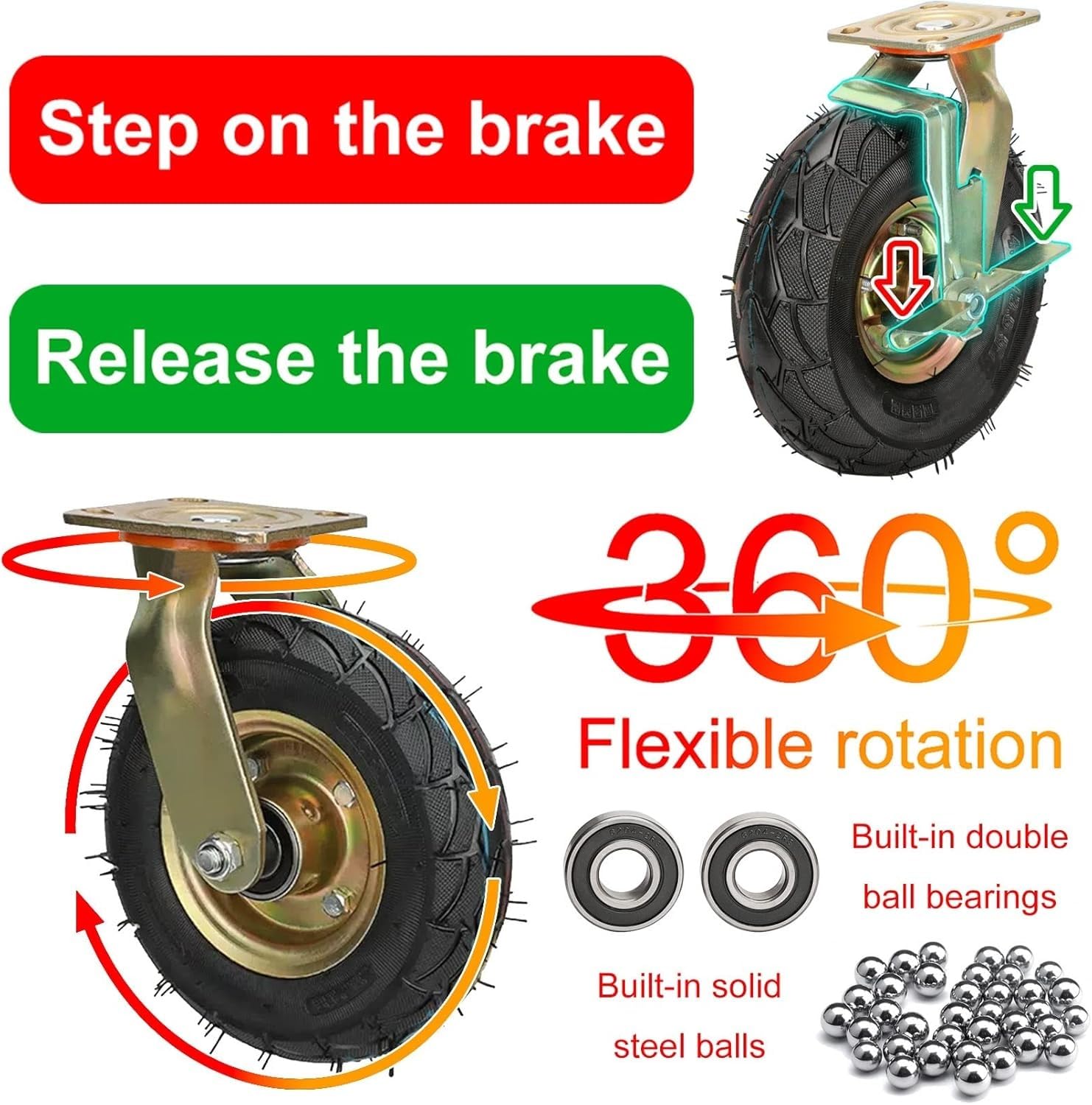 Pneumatyczne Kółka Gumowe O Dużej Wytrzymałości — Koła Obrotowe 8” I 10” Z Hamulcami Do Mebli Sprzętu, 4 Szt(Fixed+brakes,Ø 250mm/10in)