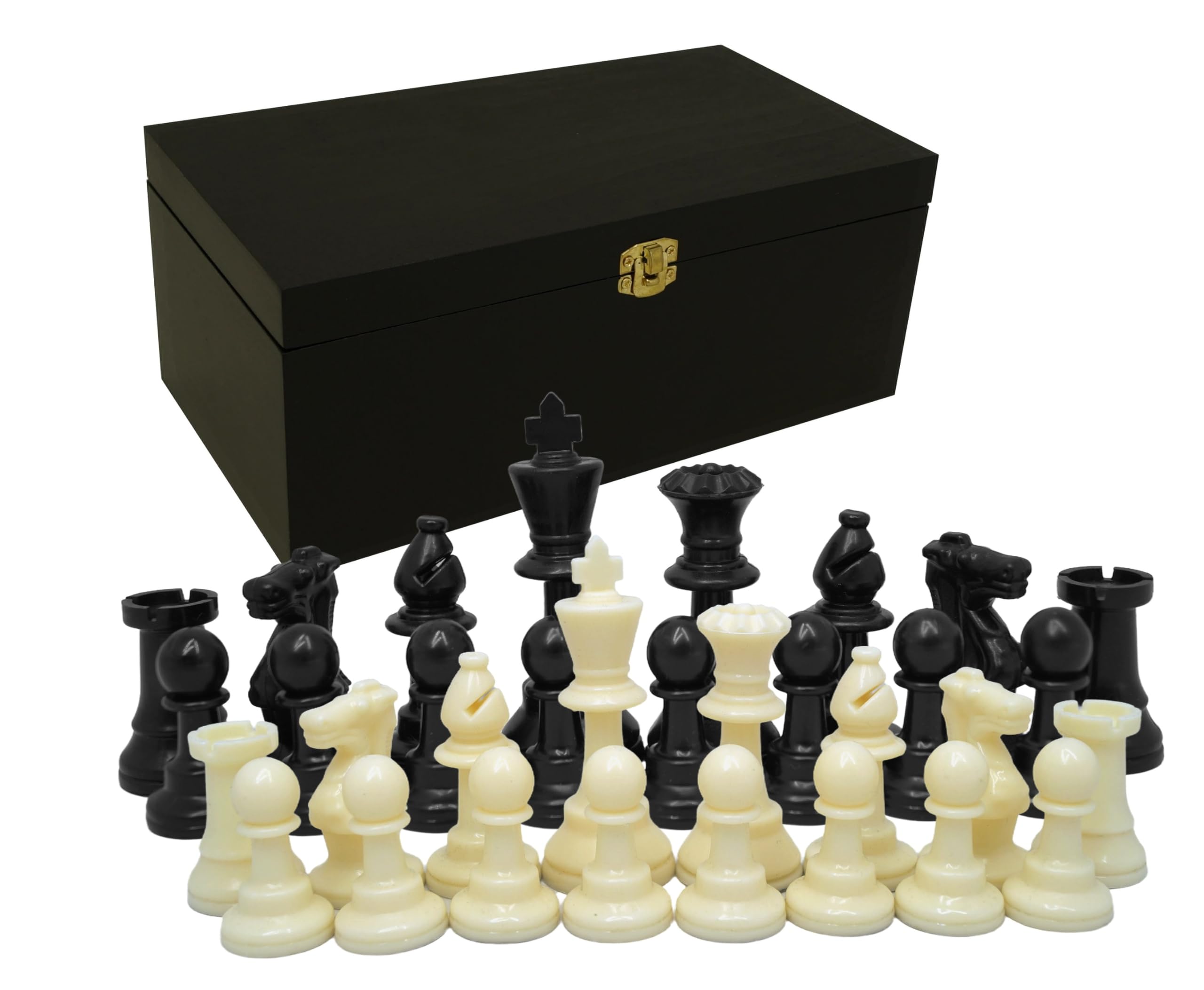 Staunton Design - Figuras de ajedrez de plástico en caja de madera, altura 93 mm, diseño clásico, 32 figuras de ajedrez con almohadillas de fieltro, color blanco y negro