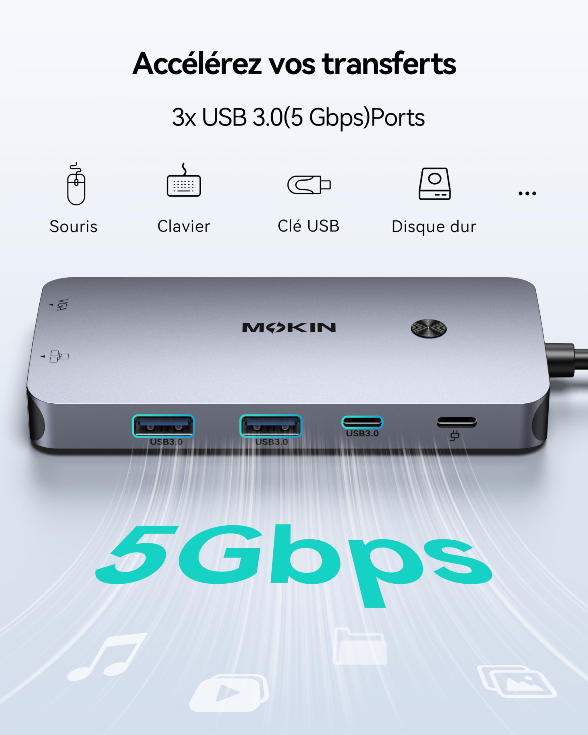 MOKiN Station d'accueil USB C Triple Écran 9 en 1 Dock USB C Double HDMI 4K DisplayPort VGA PD 100W Ethernet Gigabit USB A/C 3.0