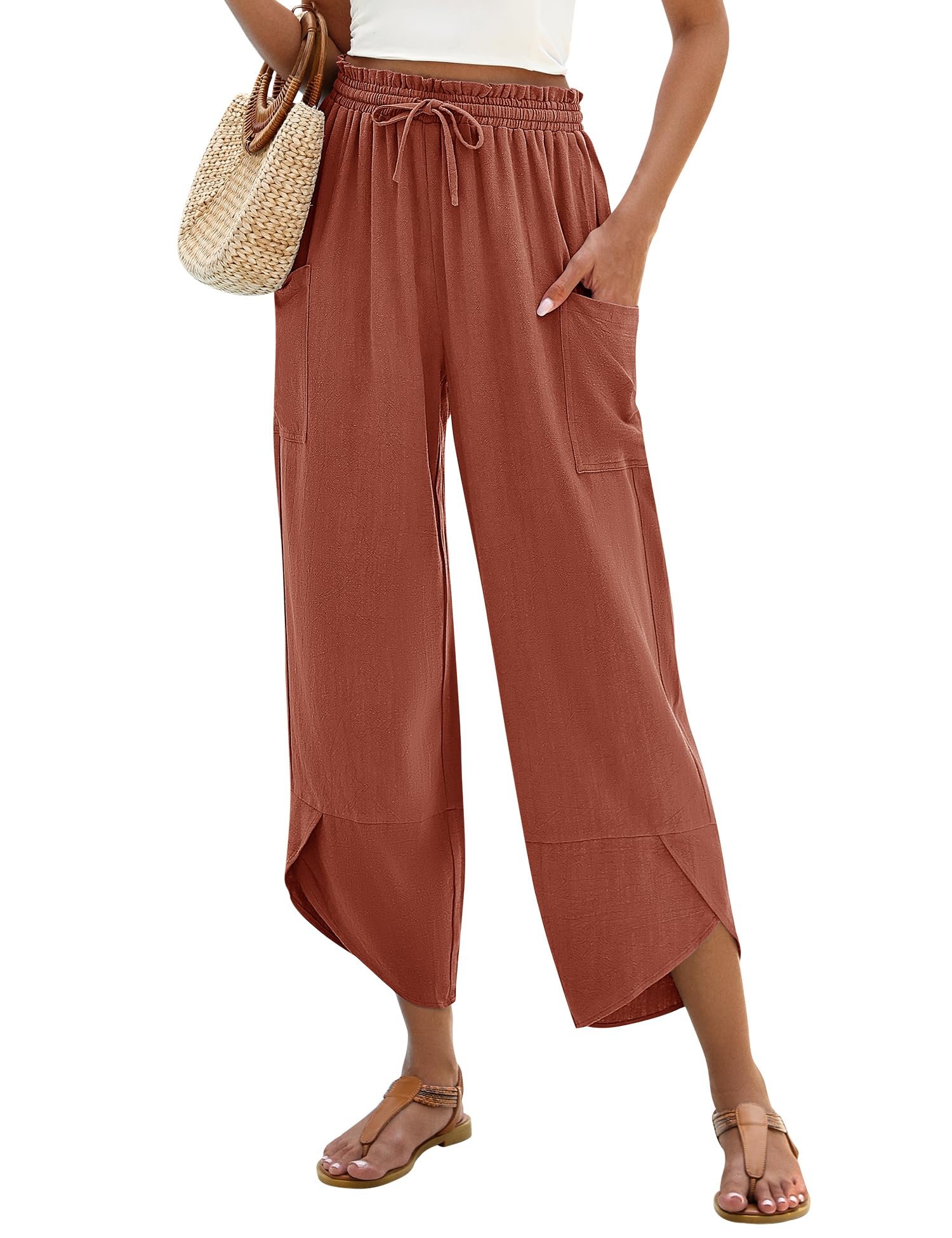 Women Linen Palazzo Pants Boho Wide Leg Elastic Waisted Casual Capri Pant Summer Harem Lounge with Pockets