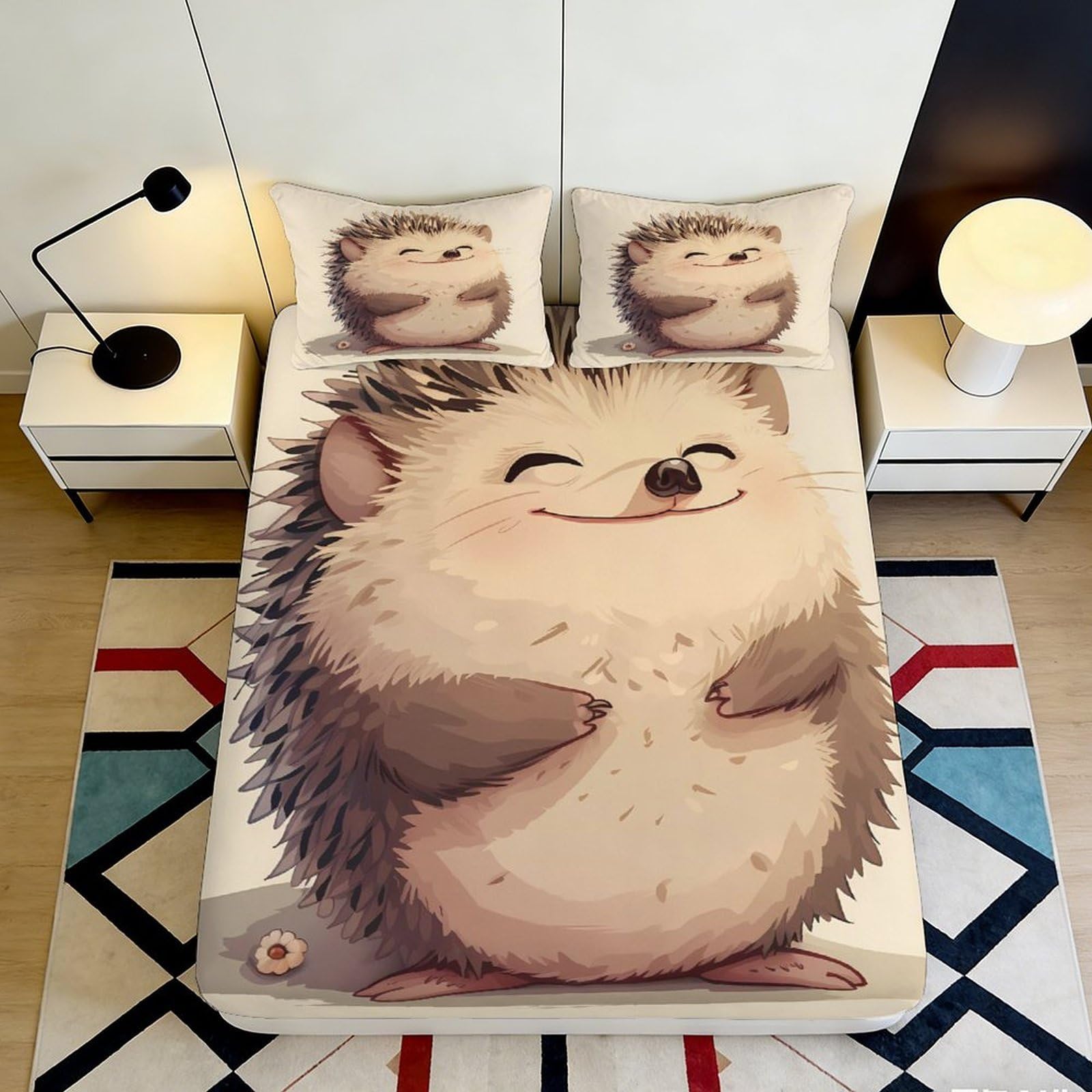 3D Printed Cute Hedgehog Fitted Sheet Microfiber Soft Animal Cartoon Mattress Cover for Bedroom Dorm Bed Decor, Anti-slip Washable, Beige 160x200x25cm