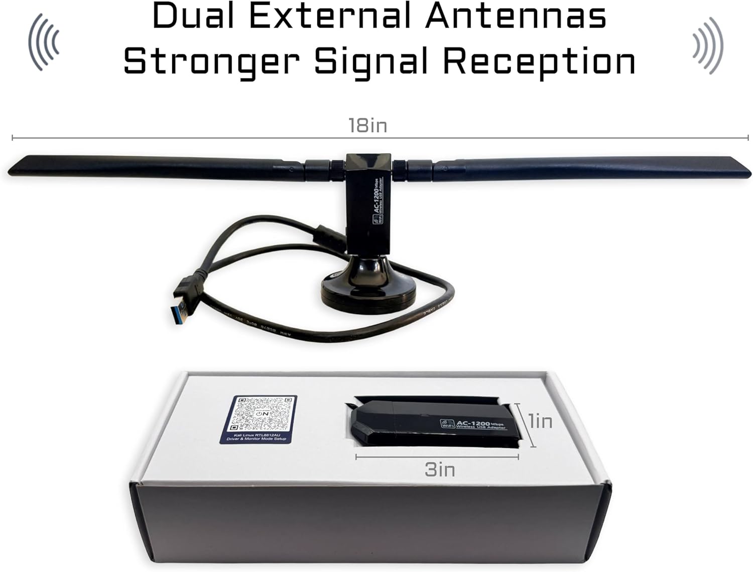 Wi-Fi USB Adapter Dual Band AC1200, RTL8812AU USB WiFi Dongle with External Antenna – Linux (Kali Monitoring, Ubuntu, Debian, Mint) + Windows & macOS, USB 3.0, Driver Mini-CD Included