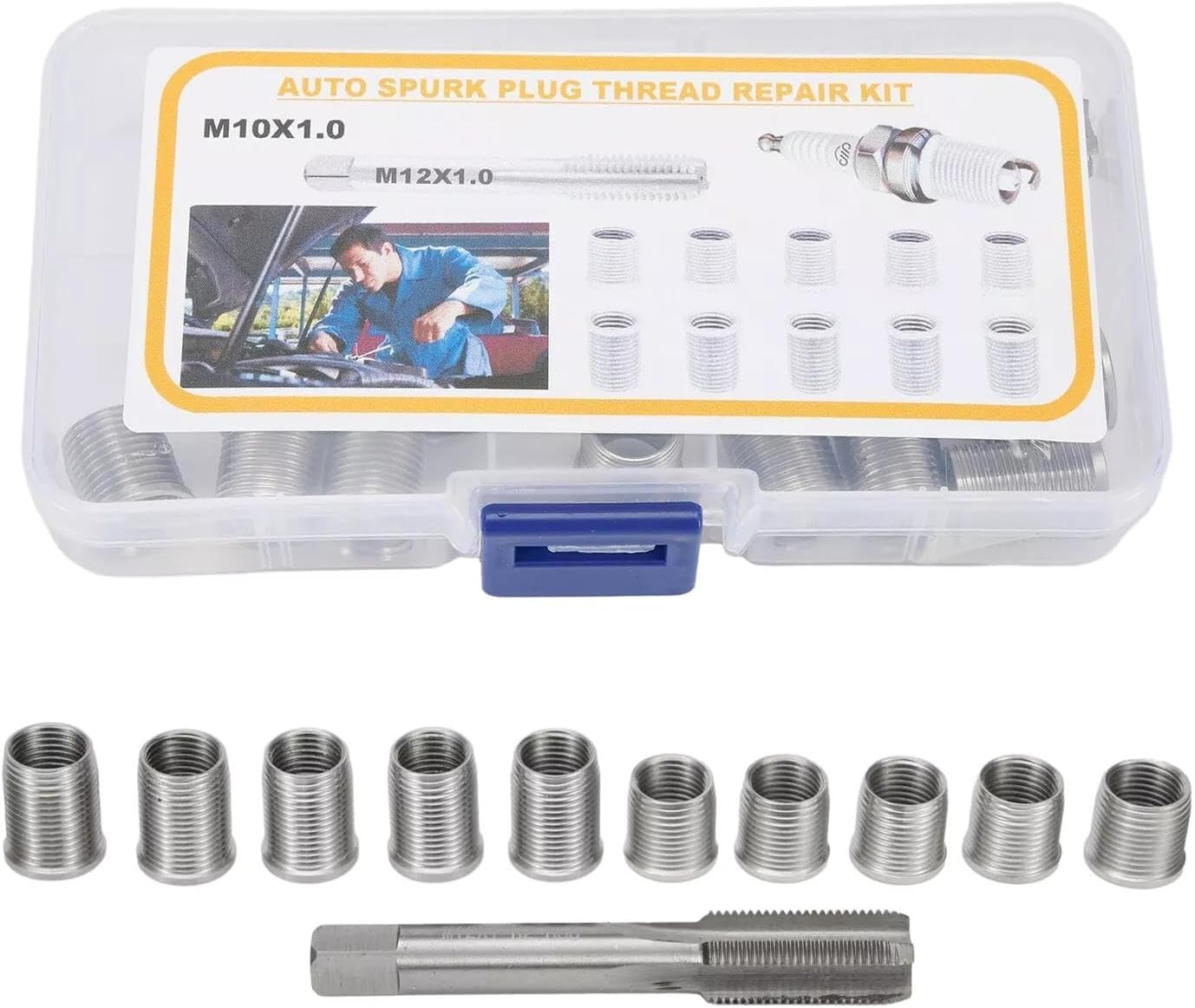 1 Set M10x1.0 Inner Thread Inserts & Thread Tap Universal Spark Plug Thread Repair Tool Auto Engines Accessories