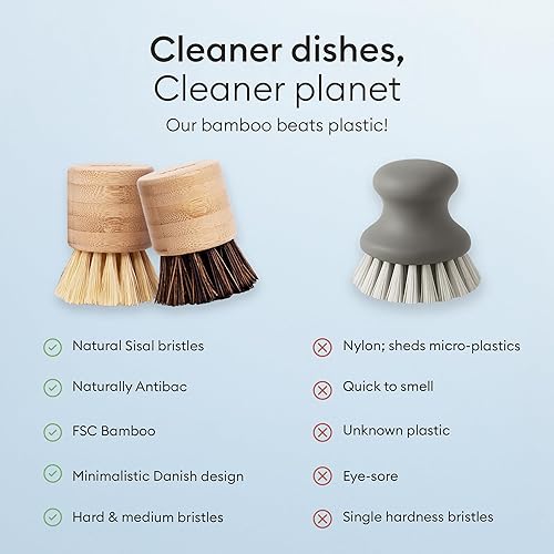 Miniatura 3 de Cepillo de bambú prémium para fregar  Paquete de 3  Resistente a la suciedad, suave con la tierra  Limpieza de cocina y multiusos  Fibra natural