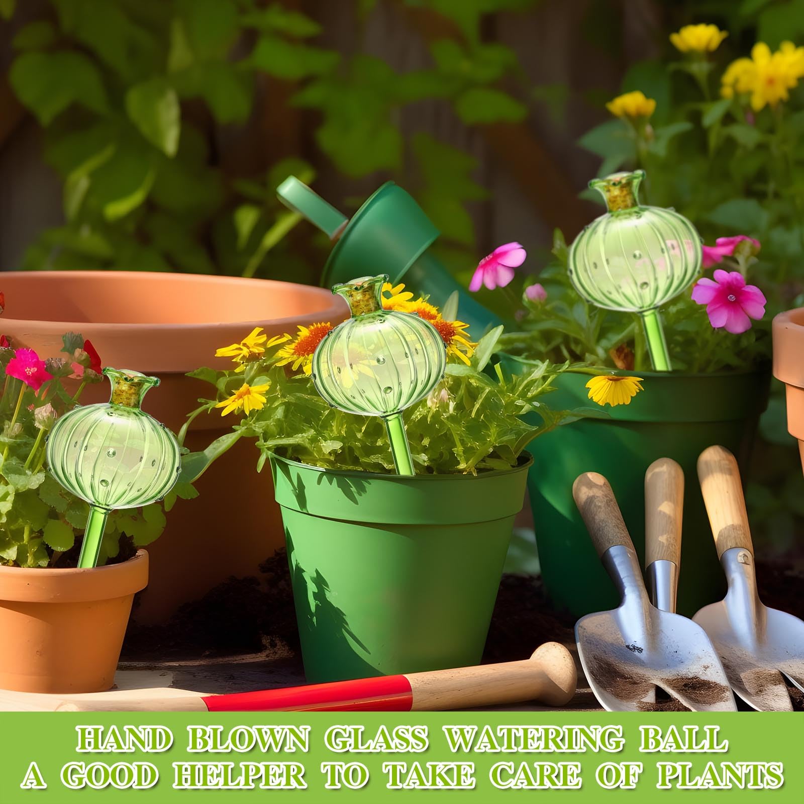 Tanlade 6 Pack Plant Watering Devices Plant Waterer Globes with Corks Self Automatic Watering Planter Insert Clear Glass Plant Bulbs for Indoor & Outdoor Garden, Fill from Top(Green)