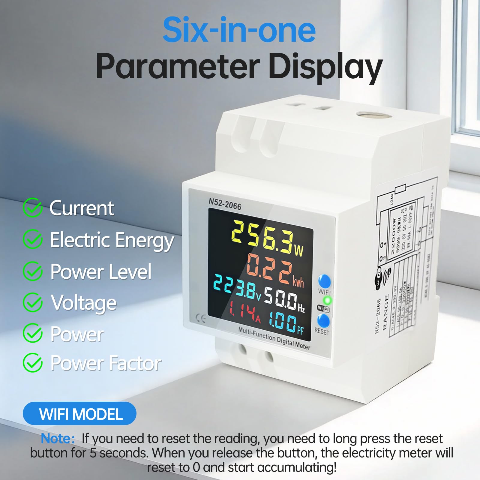 Contatore a guida WiFi Monofase 0-100A, Smart 6-in-1 AC 40-300V con controllo APP, contatore kWh, contatore trifase chiuso per applicazioni domestiche e fotovoltaiche