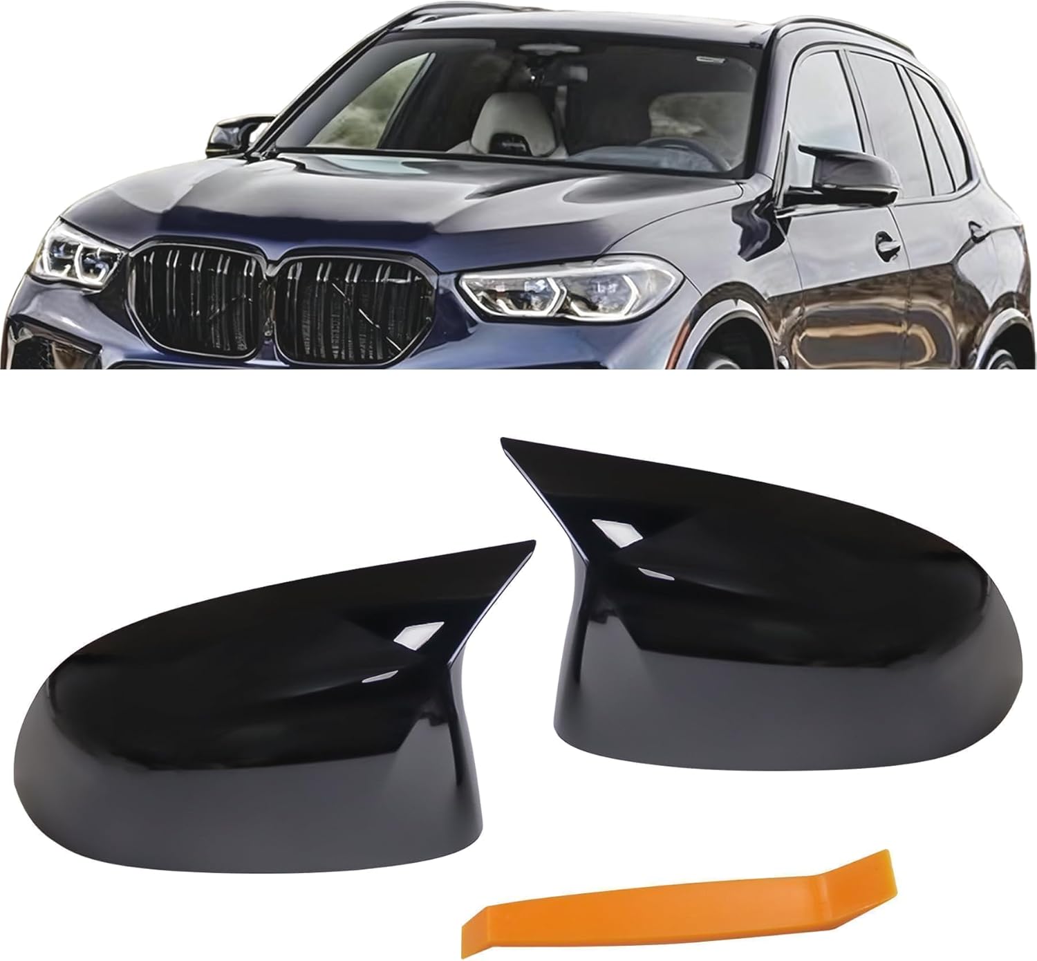 2Pcs Rearview Mirror Covers Glossy Black Fit for 2019-2025 BMW X3 G01 X4 G02 X5 G05 X6 G06 X7,Clip-on M Style Horn Mirror Caps Left Driver & Right Passenger Side