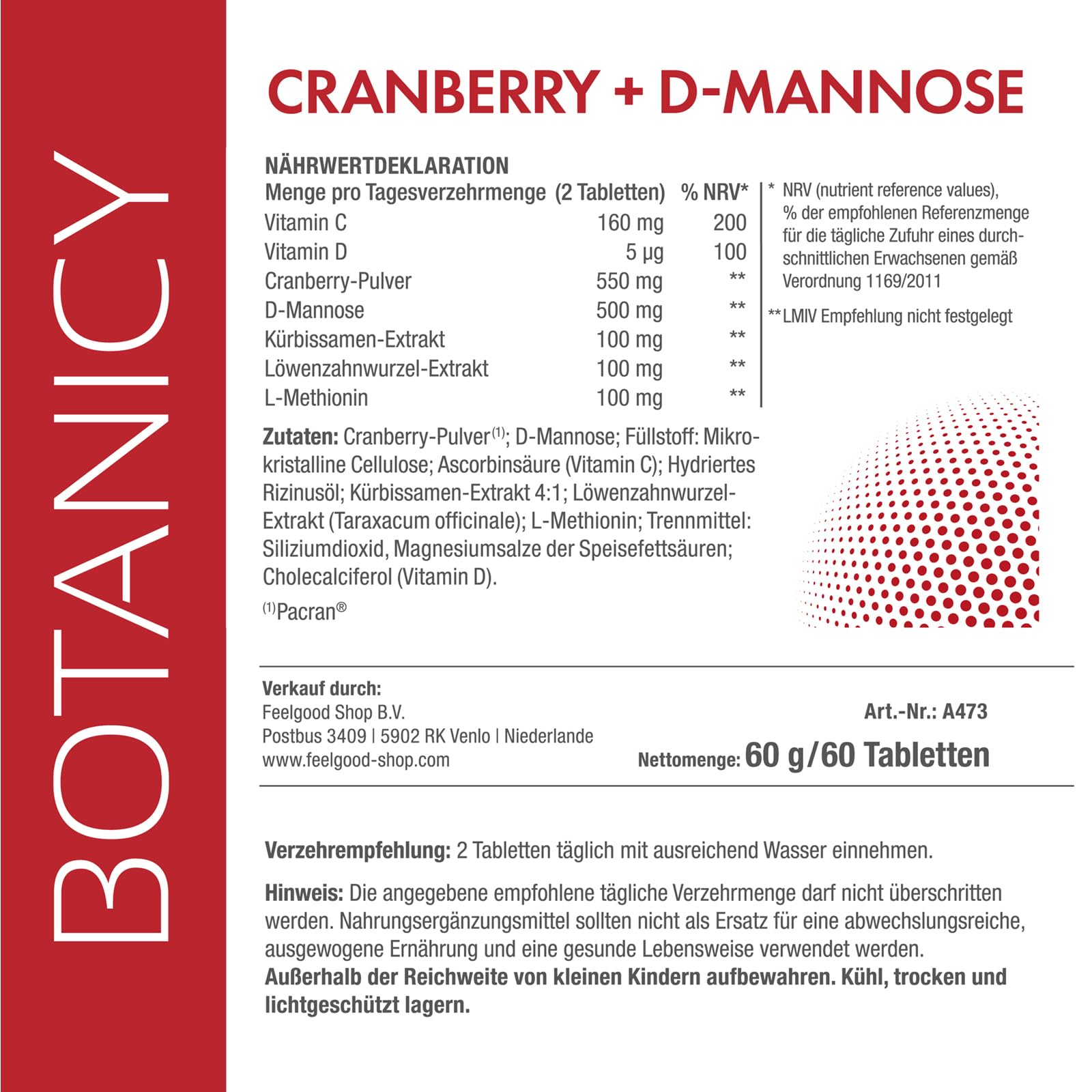 BOTANICY Cranberry + D-Mannose - 180 Tabletten - Unterstützt Blase & Harnwege - PACRAN® Cranberry-Pulver, Vitamin C und D3, Kürbissamen & Löwenzahnwurzel Extrakt