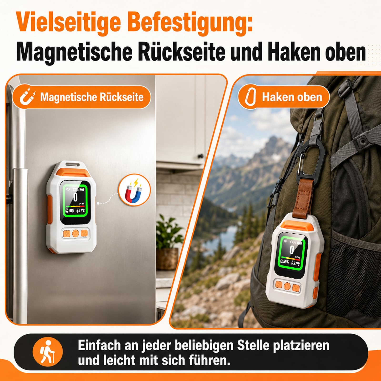 4-in-1 Tragbarer Kohlenmonoxid Melder, 300 Stunden Akkulebensdauer, Thermometer und Hygrometer mit Alarmfunktion und Notleuchte für Reisen Camping, Zelt, Wohnmobil, Wohnmobil, Zuhause, Küche