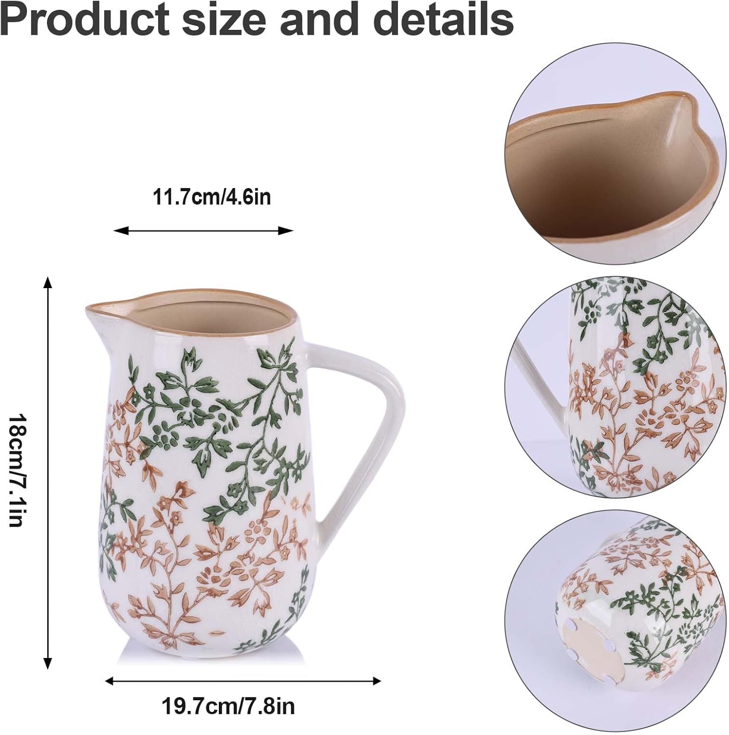 Ceramic Pitcher Vase, Water Pitchers with Handle,For Modern Rustic Farmhouse Vase Home Decor,Cute Small Ceramic Vases,Entrance Decoration and Centerpieces for Dining Table Decor (Green)