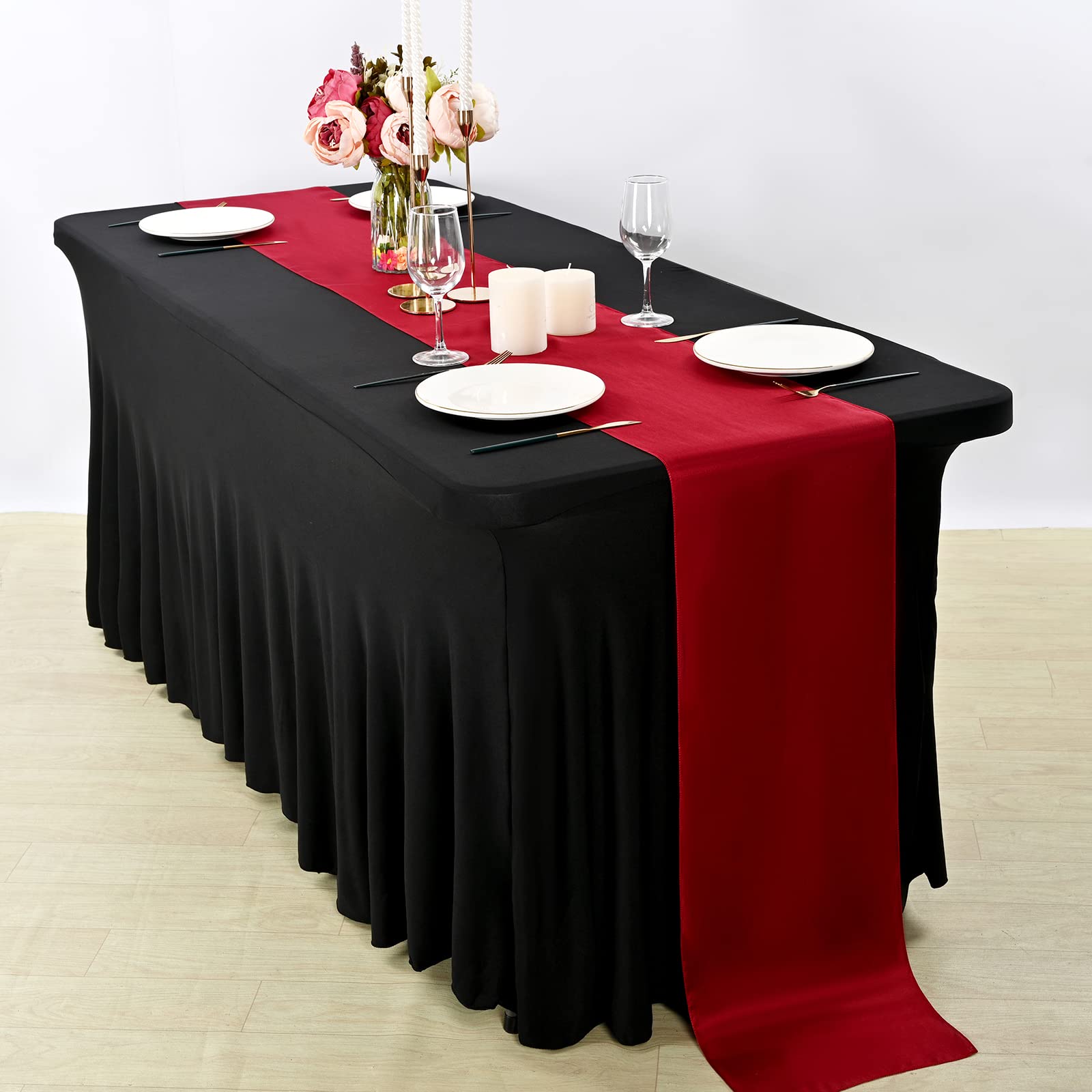 4 Packs Spandex Table Skirts Stretch Fitted Tablecloth ,6 ft 1-Piece Wrinkle Resistant Table Cover for Rectangle Tables Washable Folding Table Cloth for Tradeshows/Banquets/Weddings/Parties(Black)