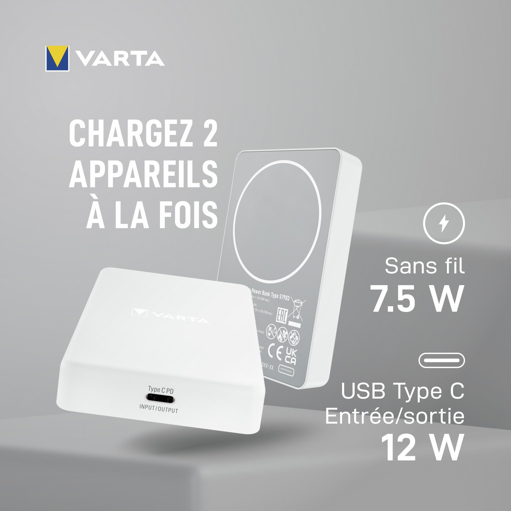 VARTA Power Bank 5000 mAh, Mag Pro, magnétique, sans Fil, Coloris Blanc