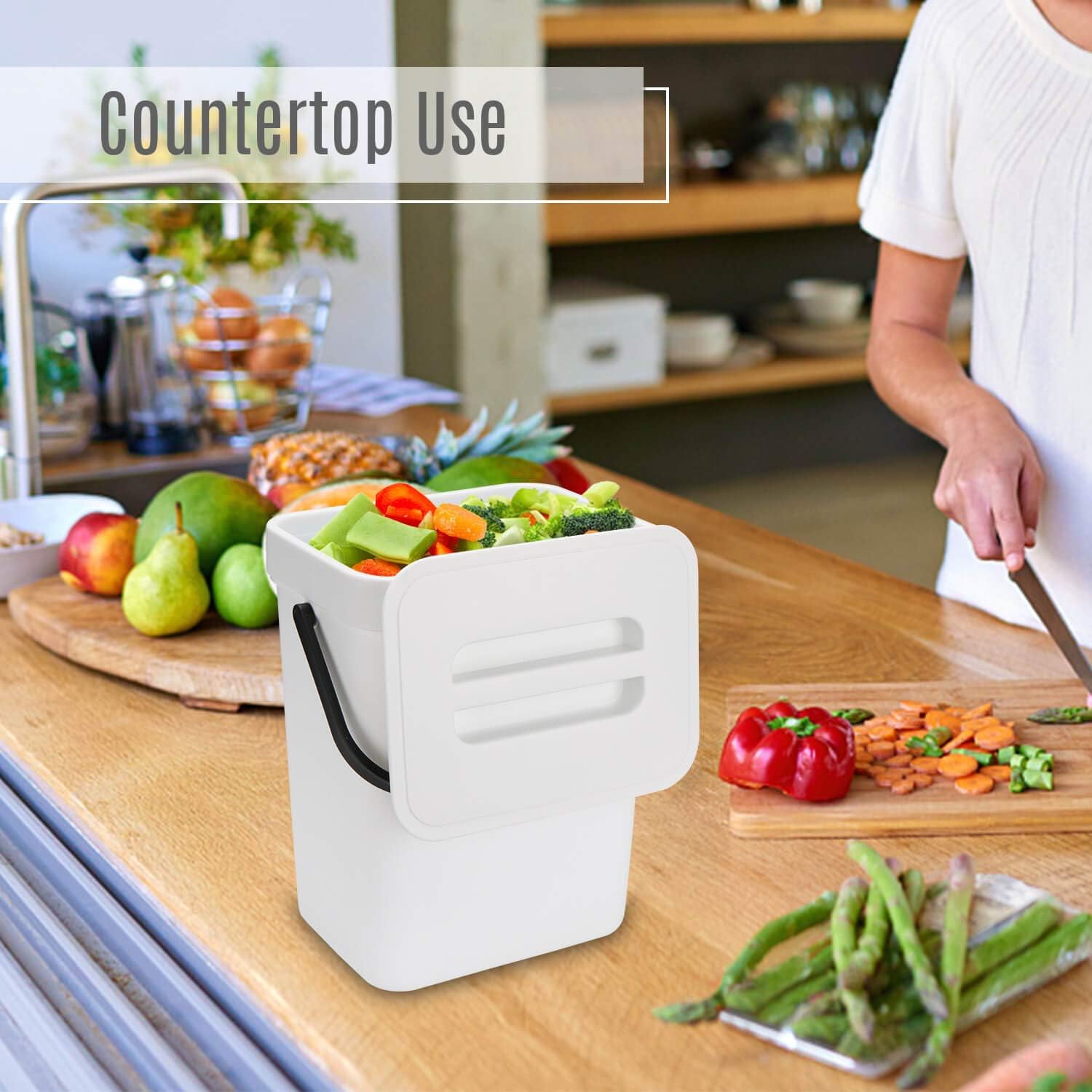 HOMWE Kitchen Compost Bin for Countertop or Under Sink Composting, 1.3 Gallon, Indoor Home Trash Can with Removable Airtight Lid, Storage Hook Hanger, Green Plastic