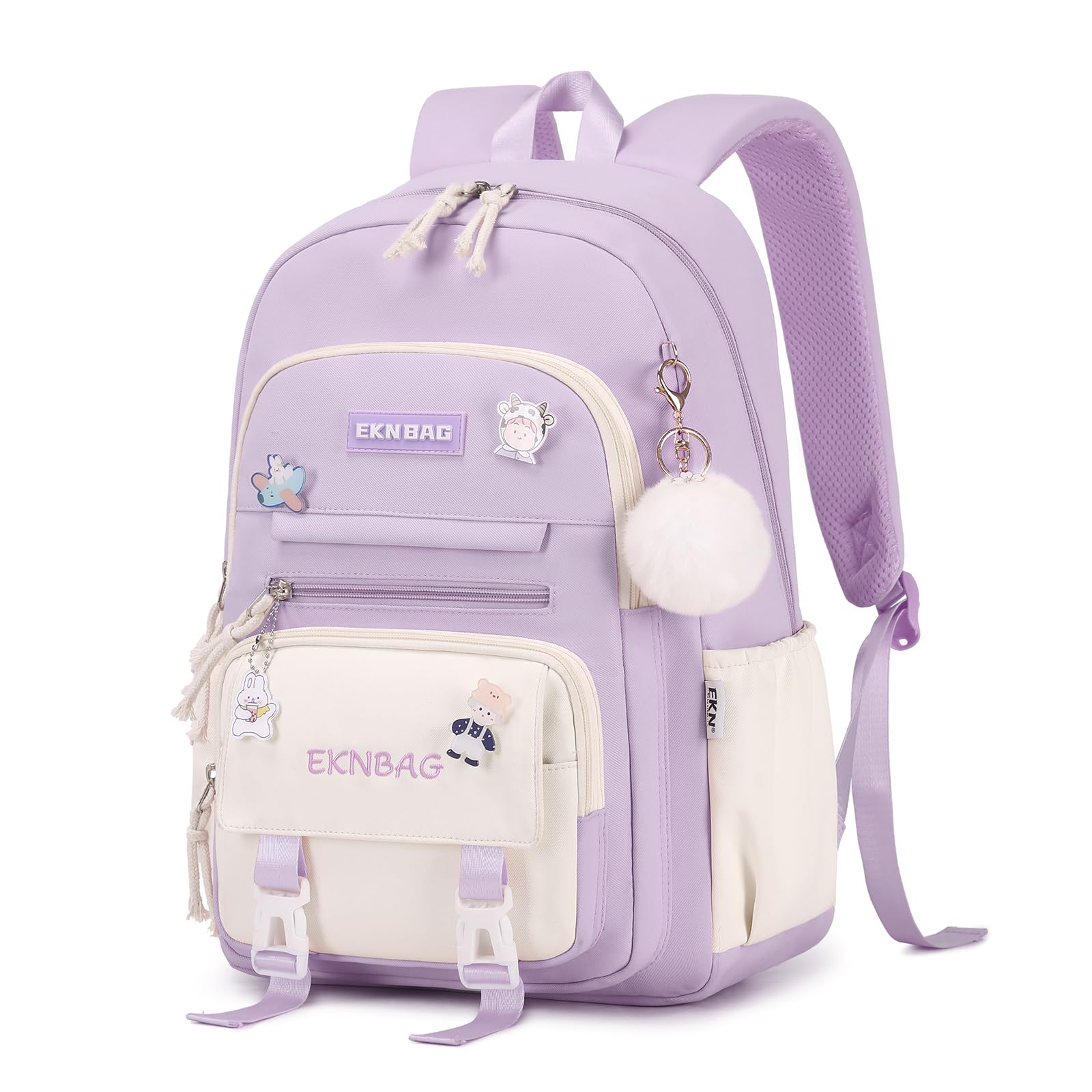 Tanou Mochilas Escolares Niña, 20 Litros Mochila Colegio Niña con Colgante de 8 a 12 Años, Ligera e Impermeable Mochila Kawaii Escolar de Nailon para Niñas, Morado