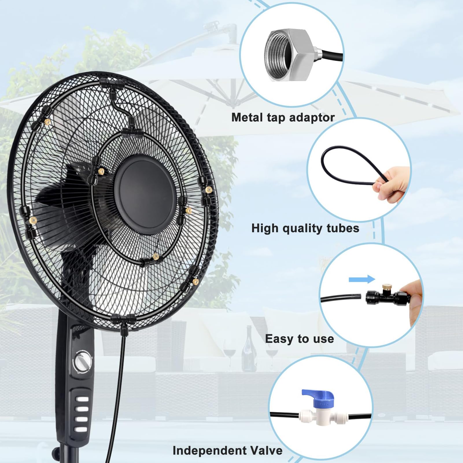 Fan Misting Kit – Fan Mister per esterni, sistema di raffreddamento a nebbia per esterni, kit di aggiornamento Mister Misting, ventilatore ad acqua, per patio, con 6 ugelli rimovibili