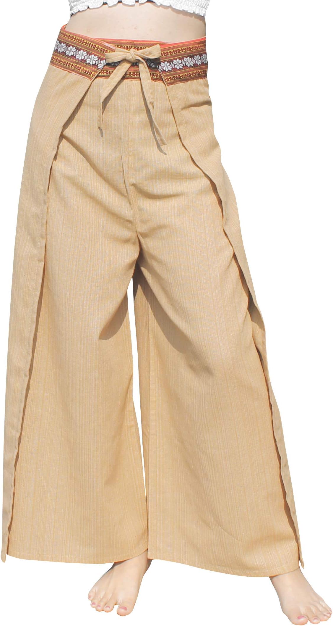 RaanPahMuang Brand Striped Cotton Wrap Drive in Pants with Waist Art