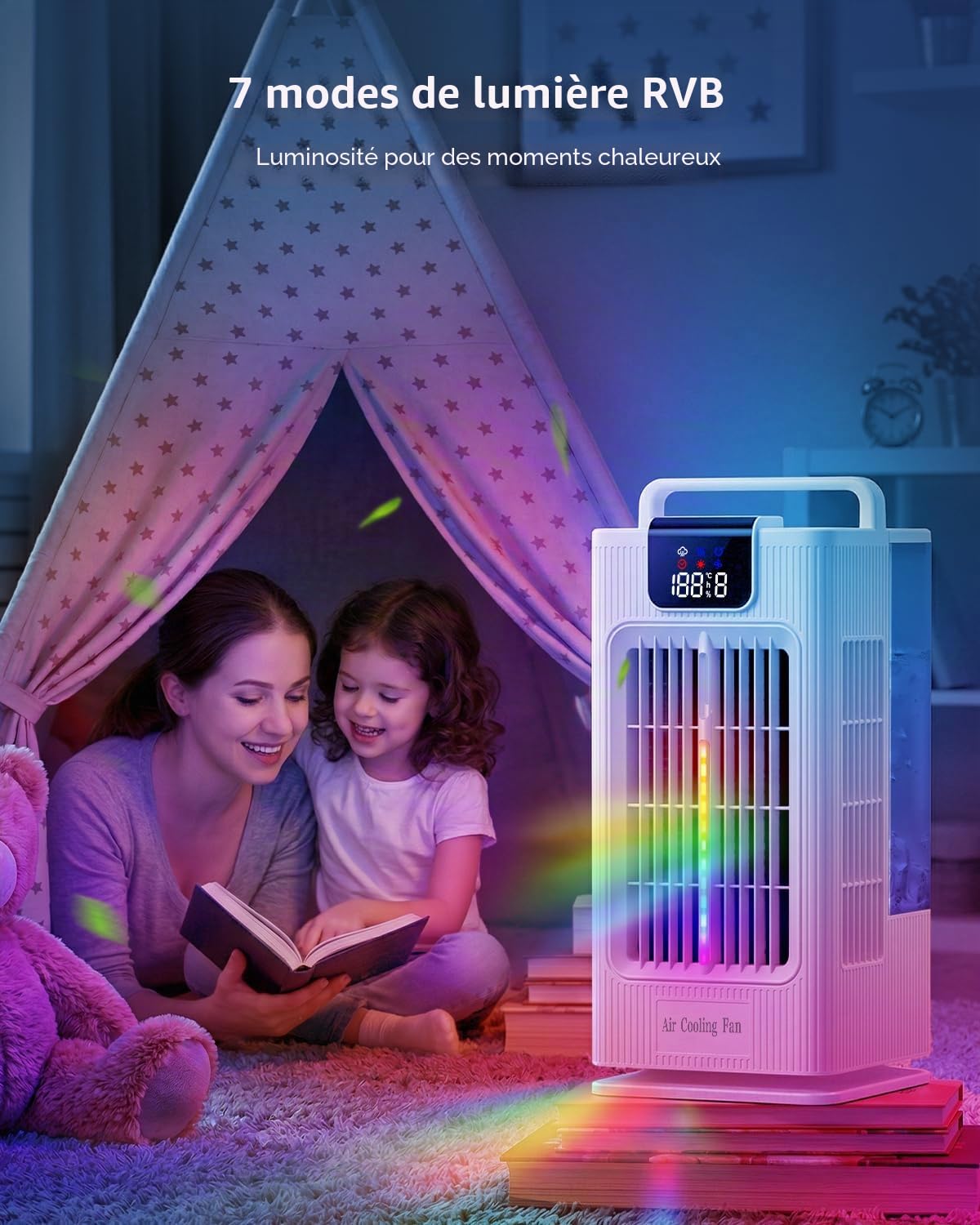 Rafraîchisseur d'Air Portable：Réservoir 2L, Oscillation 120°, 4 Vitesses, LED, Minuteur et Télécommande, Ventilateur Rafraîchissant pour Maison et Bureau