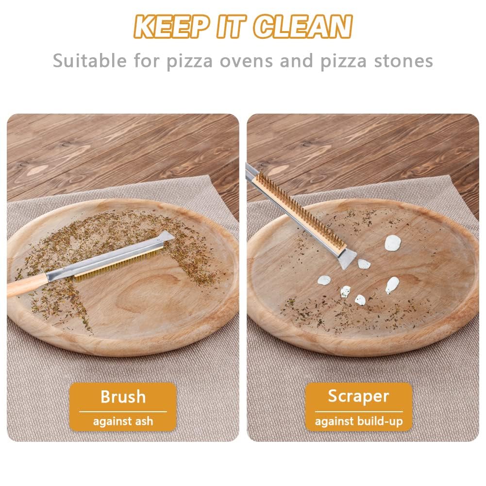 Spazzola per forno pizza da 52 cm, spatola in acciaio inossidabile, setole in ottone resistenti ai graffi, anello per appendere, spazzola per griglia con manico in legno, accessorio per forno pizza