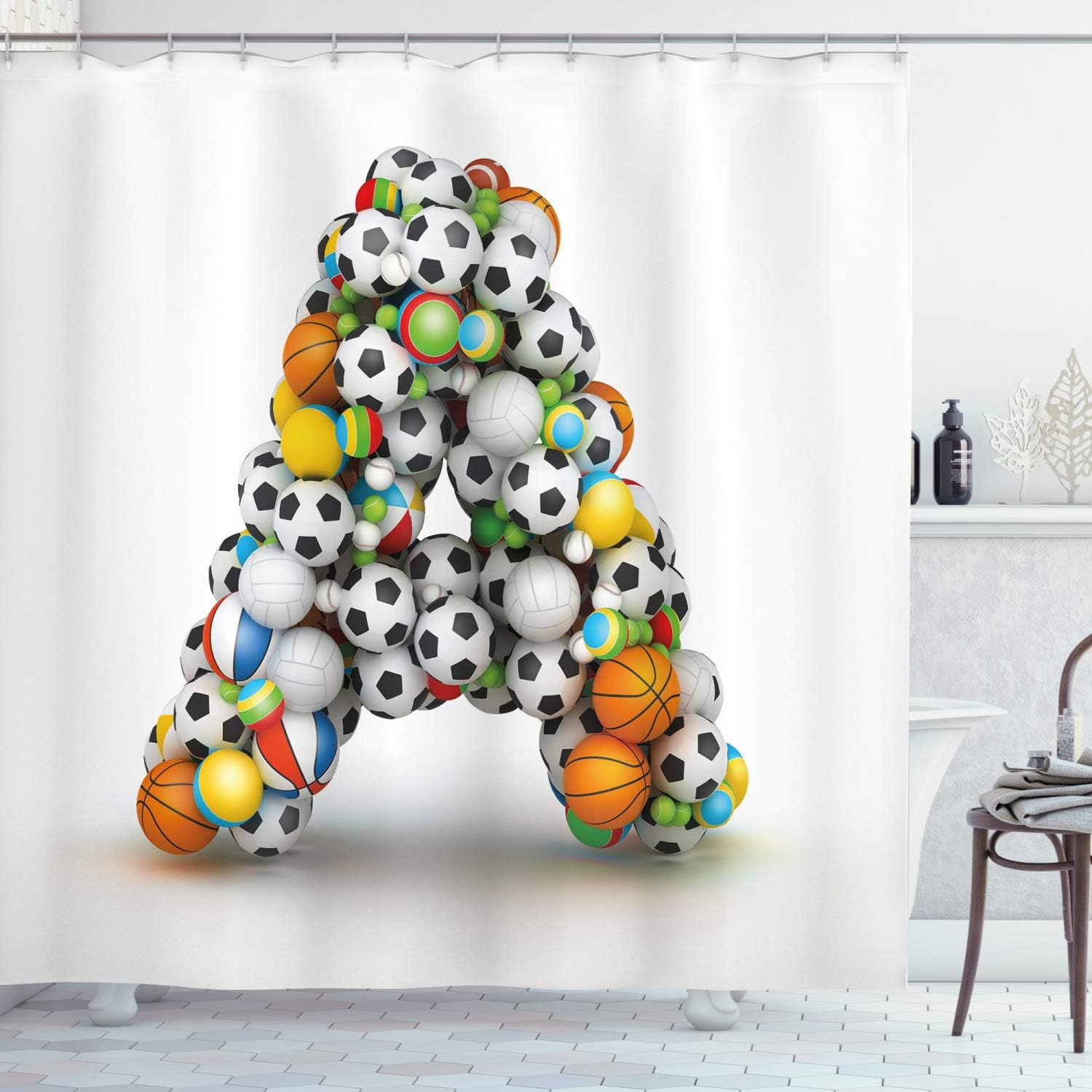 Ambesonne Letter a Shower Curtain, Sports Balls Stacked to Build The First Letter of The Alphabet Capital, Cloth Fabric Bathroom Decor Set with Hooks, 69" W x 84" L, Black Orange